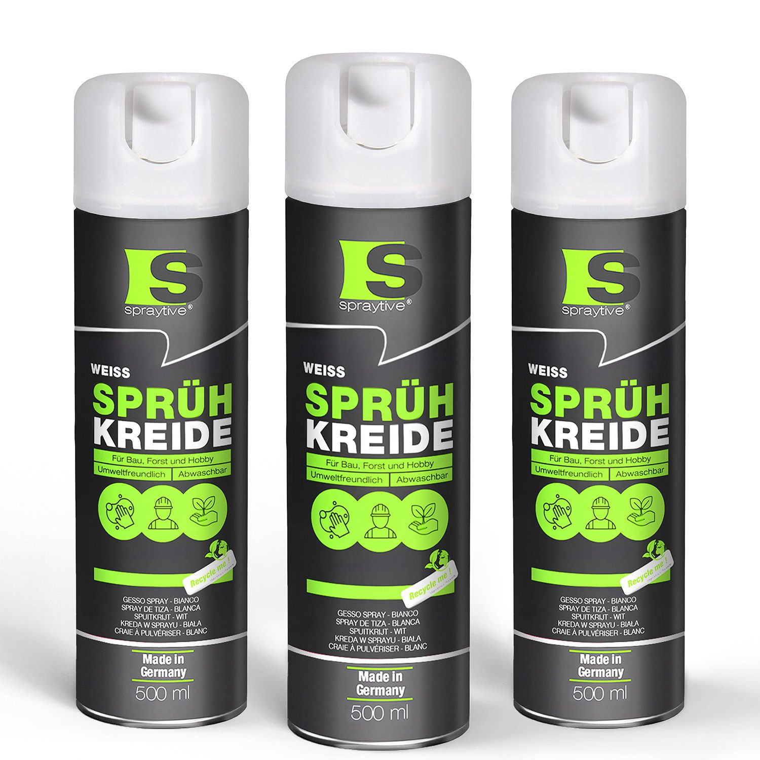 Spraytive Sprühfarbe 3x 500ml Sprühkreide weiß – abwaschbare leuchtende Kreidefarbe Outdoor, Made in Germany