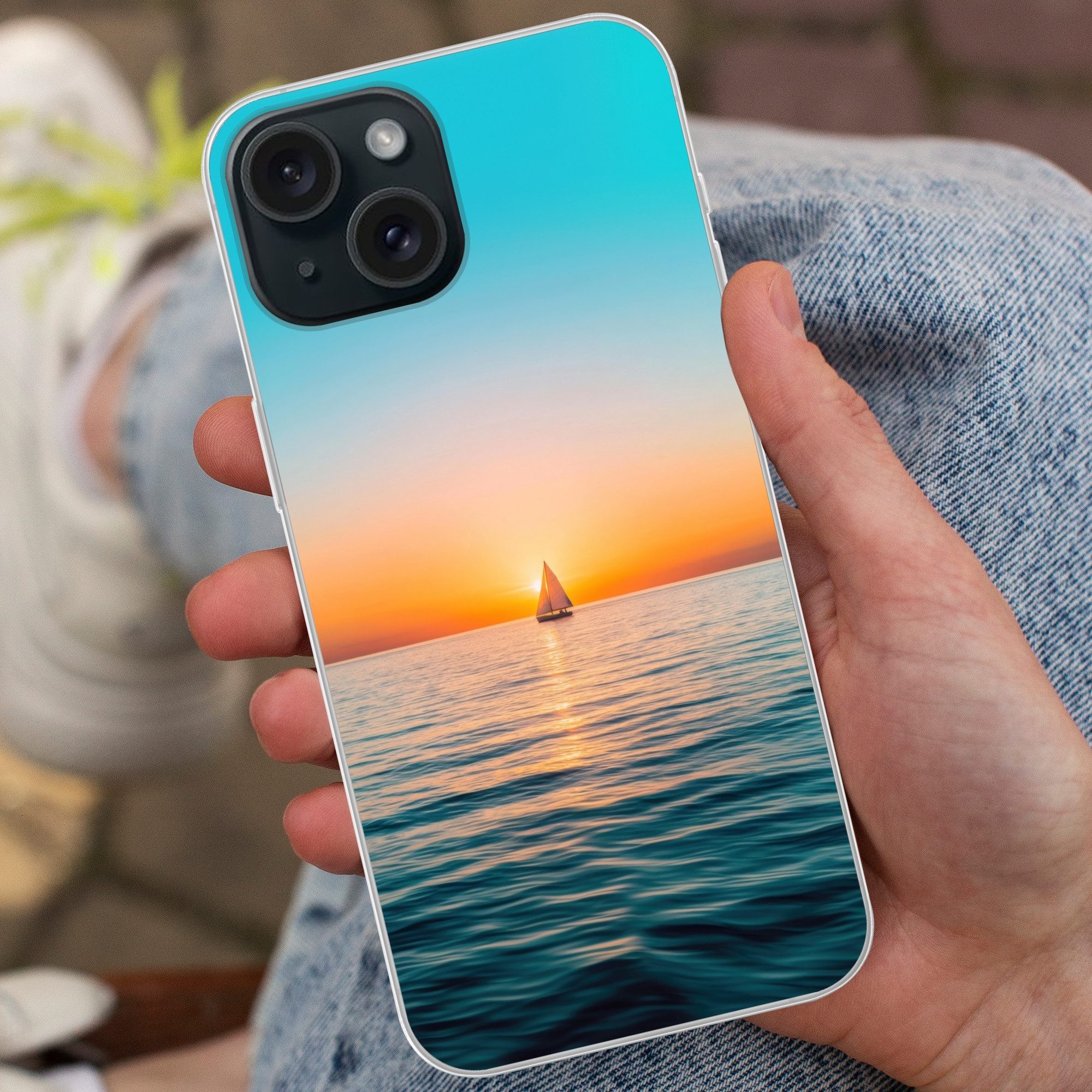 MuchoWow Handyhülle für Apple iPhone 15 Meer - Segelboot - Sonnenuntergang, Smartphone-Bumper, Print, Handy Schutzhülle Dünn