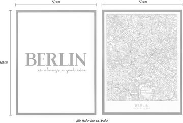 Wall-Art Poster Berlin Stadtkarte Schriftzug Set, Blumen (Set, 2 St), Collage mit Bilderrahmen