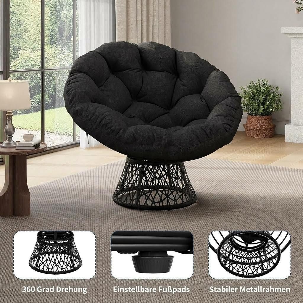 GarveeMore Relaxsessel gemütlicher Drehsessel Papasansessel Rattansessel Loungesessel, runder Relax Korbsessel Rattan Kissen Wohnzimmer,Leseecke,Lounge