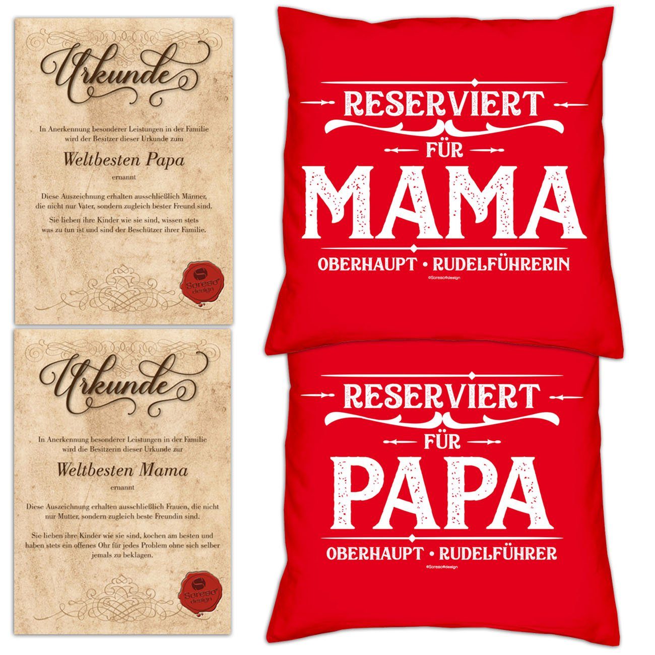 Soreso® Dekokissen Kissen-Set Reserviert für Papa Reserviert für Mama mit Urkunden, Weihnachtsgeschenk für Eltern rot