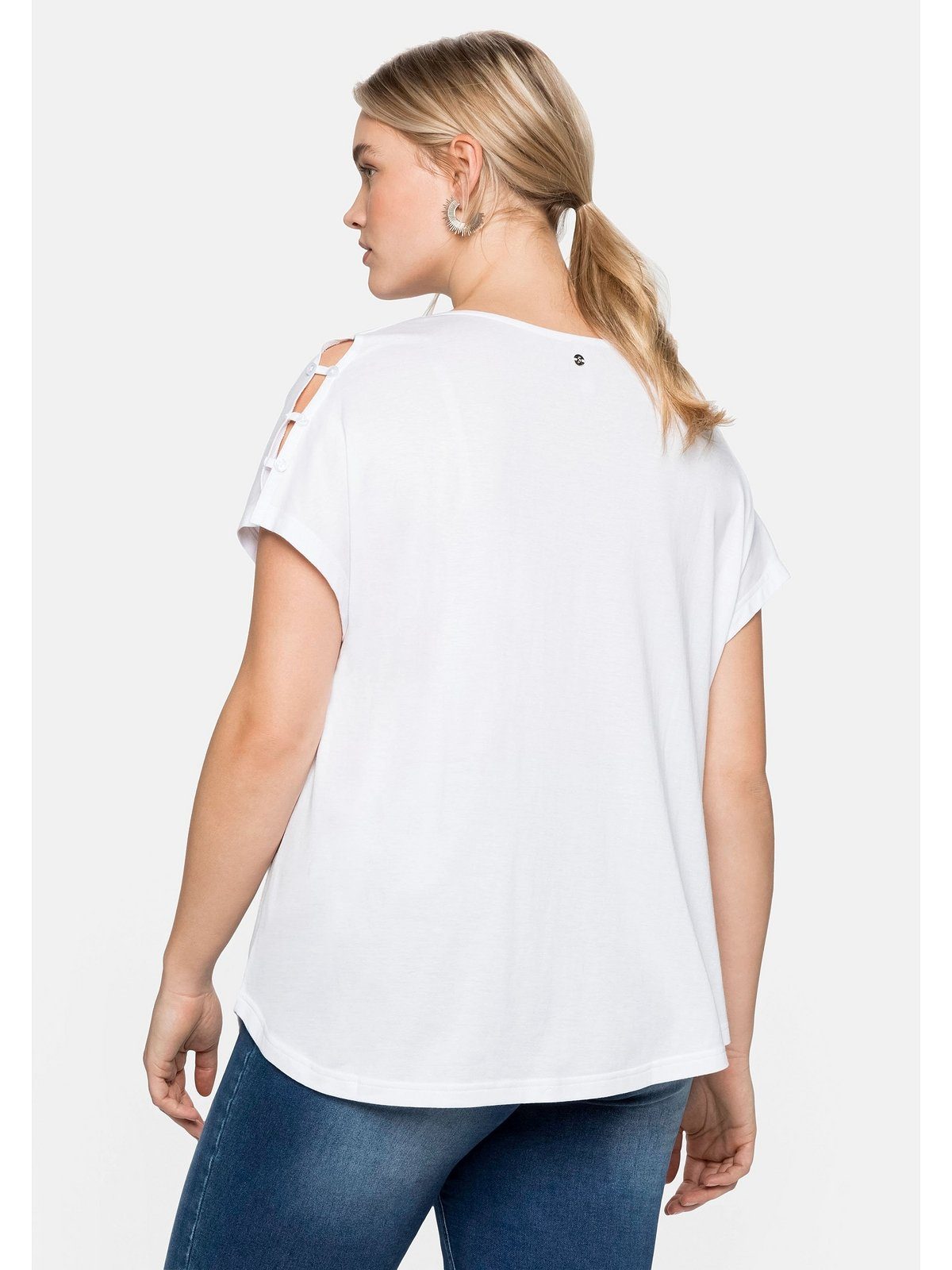 Größen A-Linie leichter Sheego Große T-Shirt weiß Schulterpartie, in mit offener