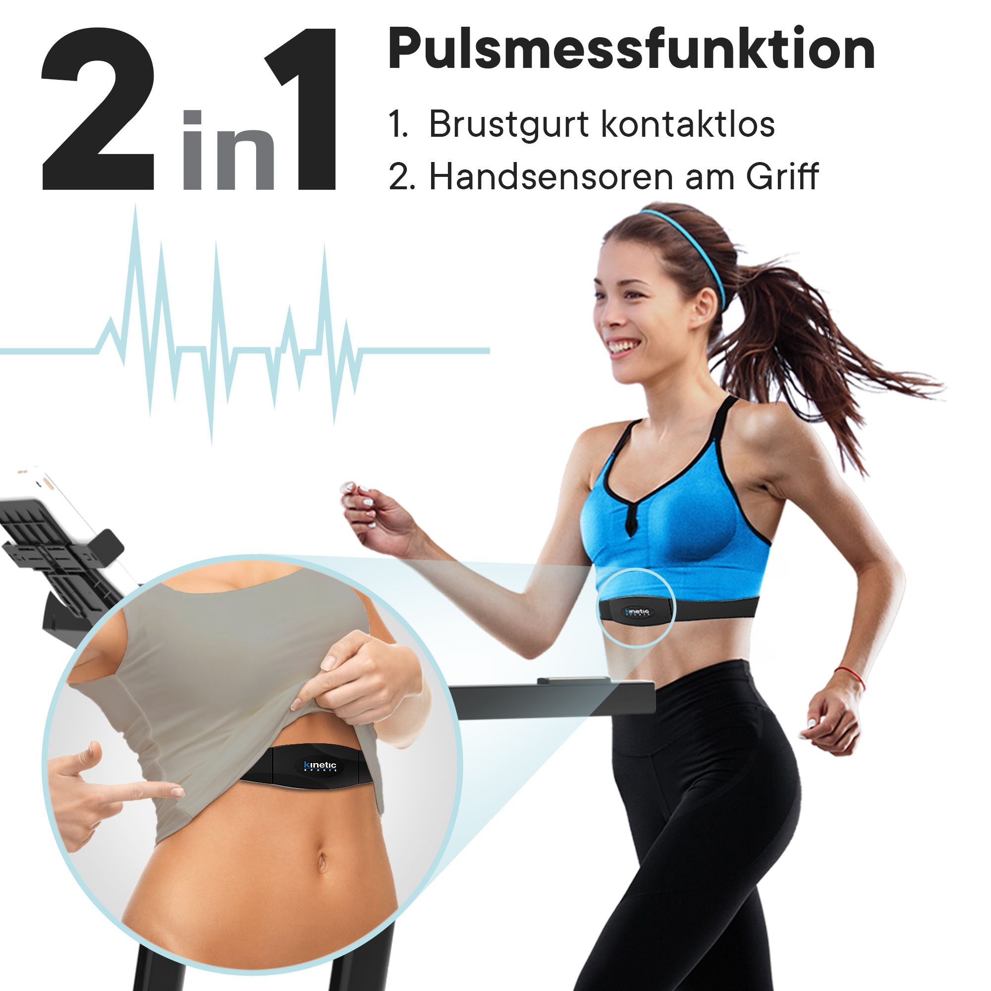 Kinetic Sports Laufband, 40 cm Lauffläche, LCD Display, 1100 Watt Motor, bis 12 km/h