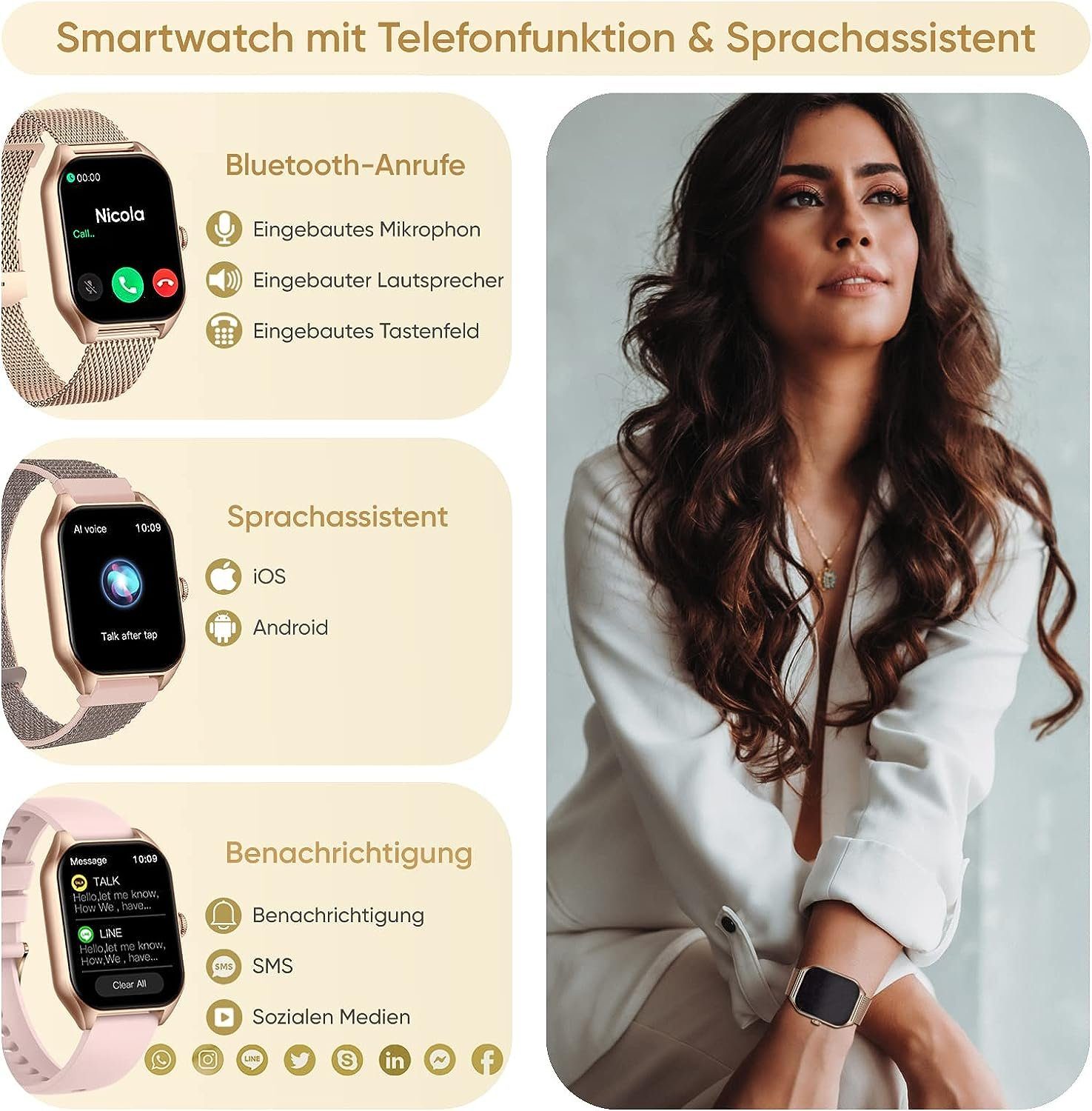 3 280mAH Smartwatch Whatsapp Damen Uhr Funktion Android iOS), Android Dachma iOS Armbänder Telefon Zoll, (1,85