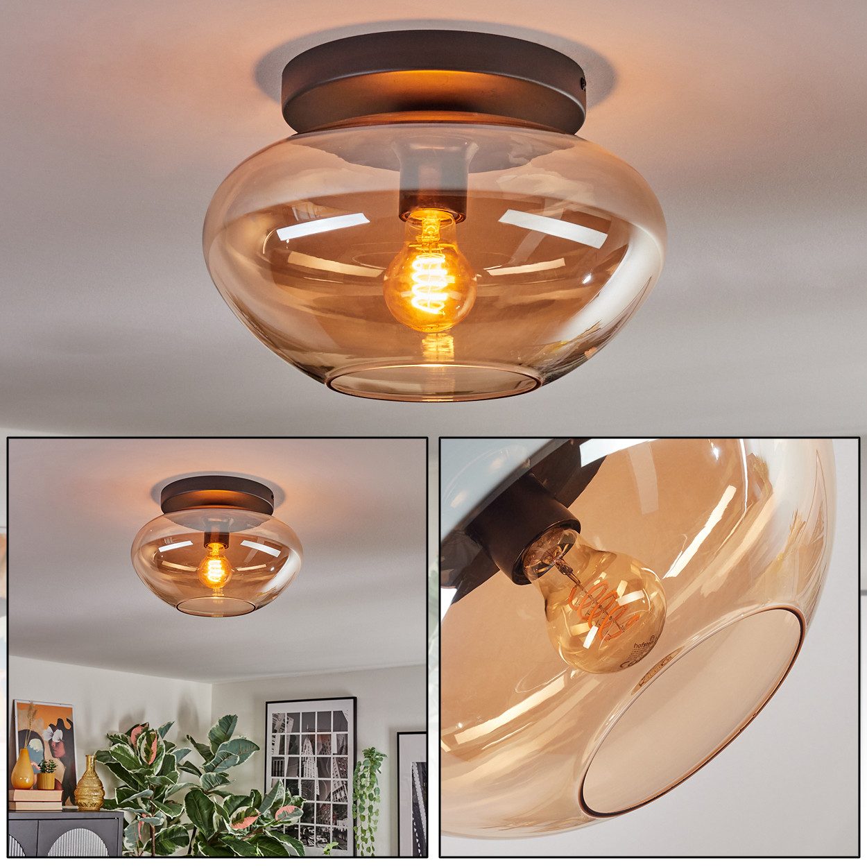 hofstein Deckenleuchte Deckenlampe aus Metall/Glas in Schwarz/Bernsteinfarben, ohne Leuchtmittel, Leuchte im Retro/Vintage-Design mit Glasschirm (30 cm), 1 x E27