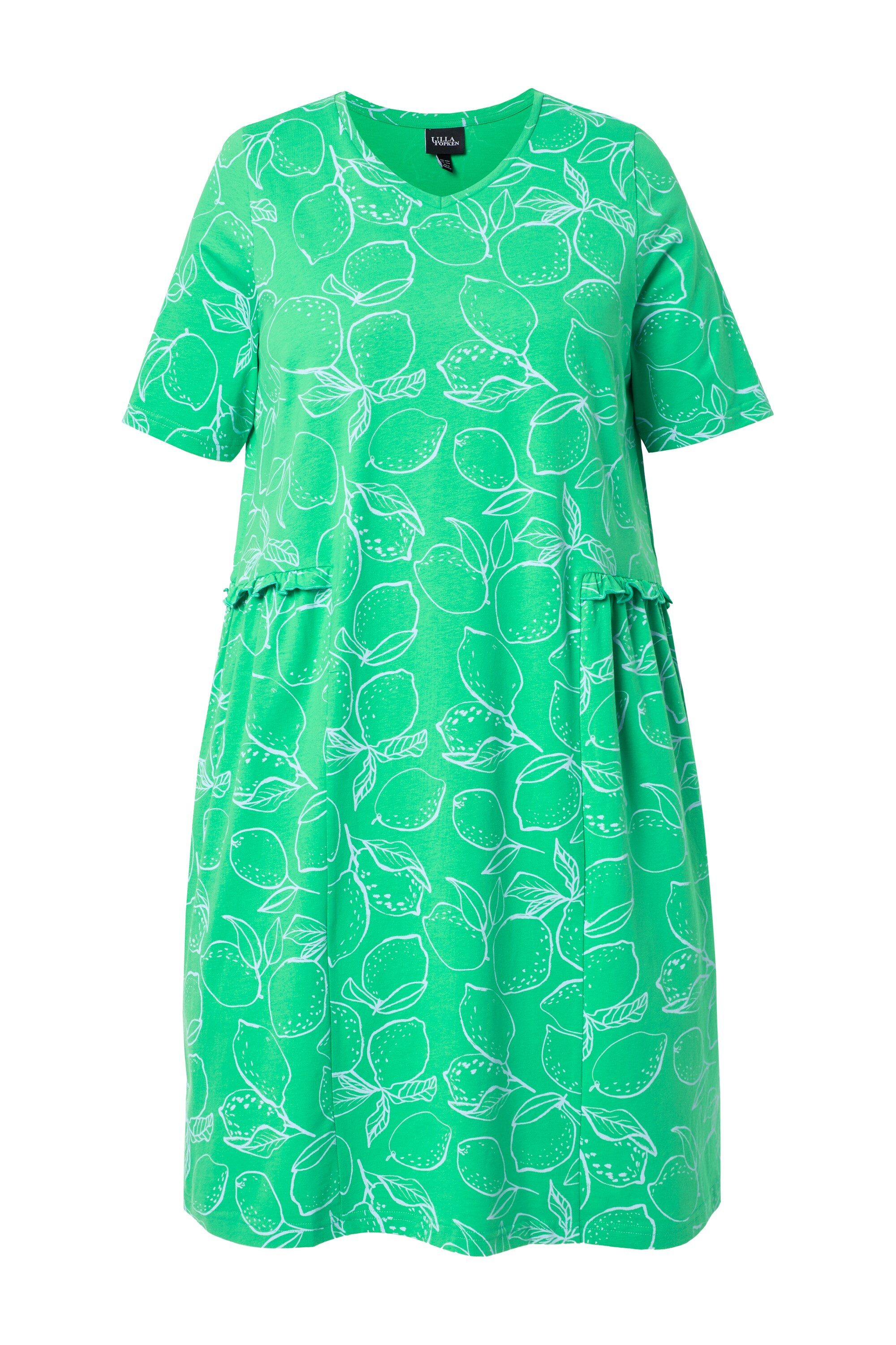 Ulla Popken Midikleid Jerseykleid Zitronen Rüschen V-Ausschnitt Halbarm