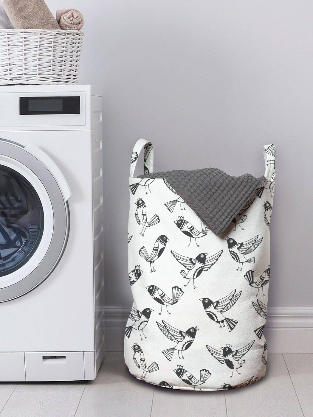Schwarz mit Waschsalons, Wäschekorb Vögel und Griffen Cartoon Kordelzugverschluss Abakuhaus weiß für Wäschesäckchen
