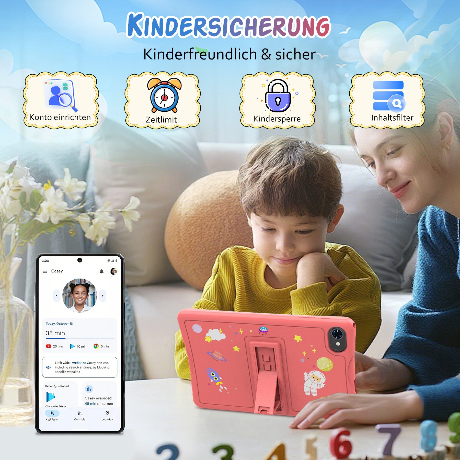 TABWEE 10.1'' Kids Android 64/128GB mit Stylus Tablet (10.1", 64 GB, Android 15, 5G wifi, Android 15, Google Kids Space, Gemini AI, mit Stift) – Bild 4 von 5