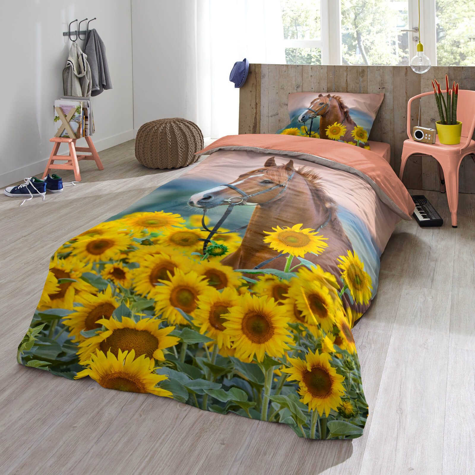 ESPiCO Kinderbettwäsche Pferd Sonnenblumen Trendy Bedding, Renforcé, 2 teilig, Pferd, Sonnenblumen, Landschaft – Bild 5 von 5