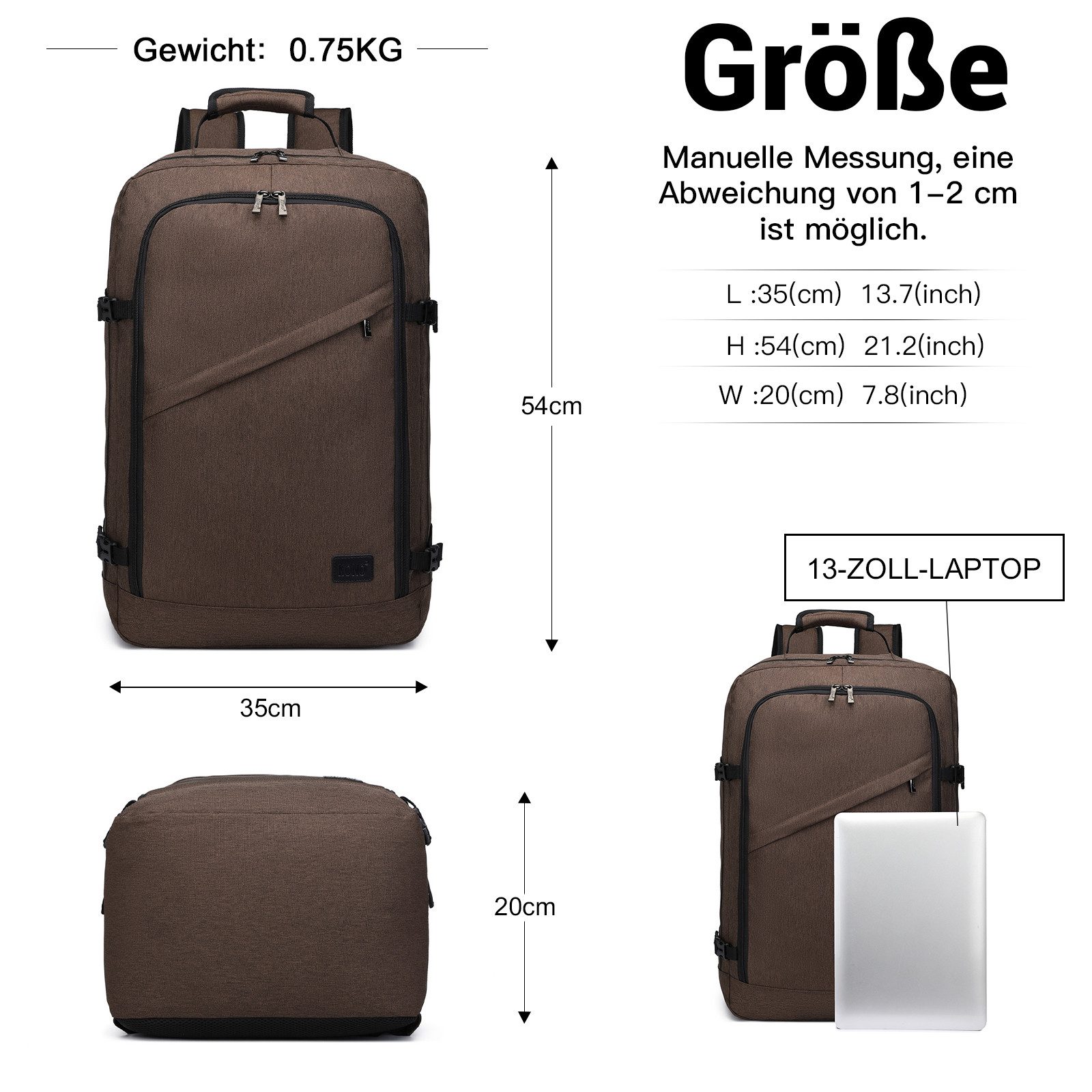 KONO Rucksack Handgepäck-Rucksack mit vielen Fächern Leichtgewicht günstig online kaufen