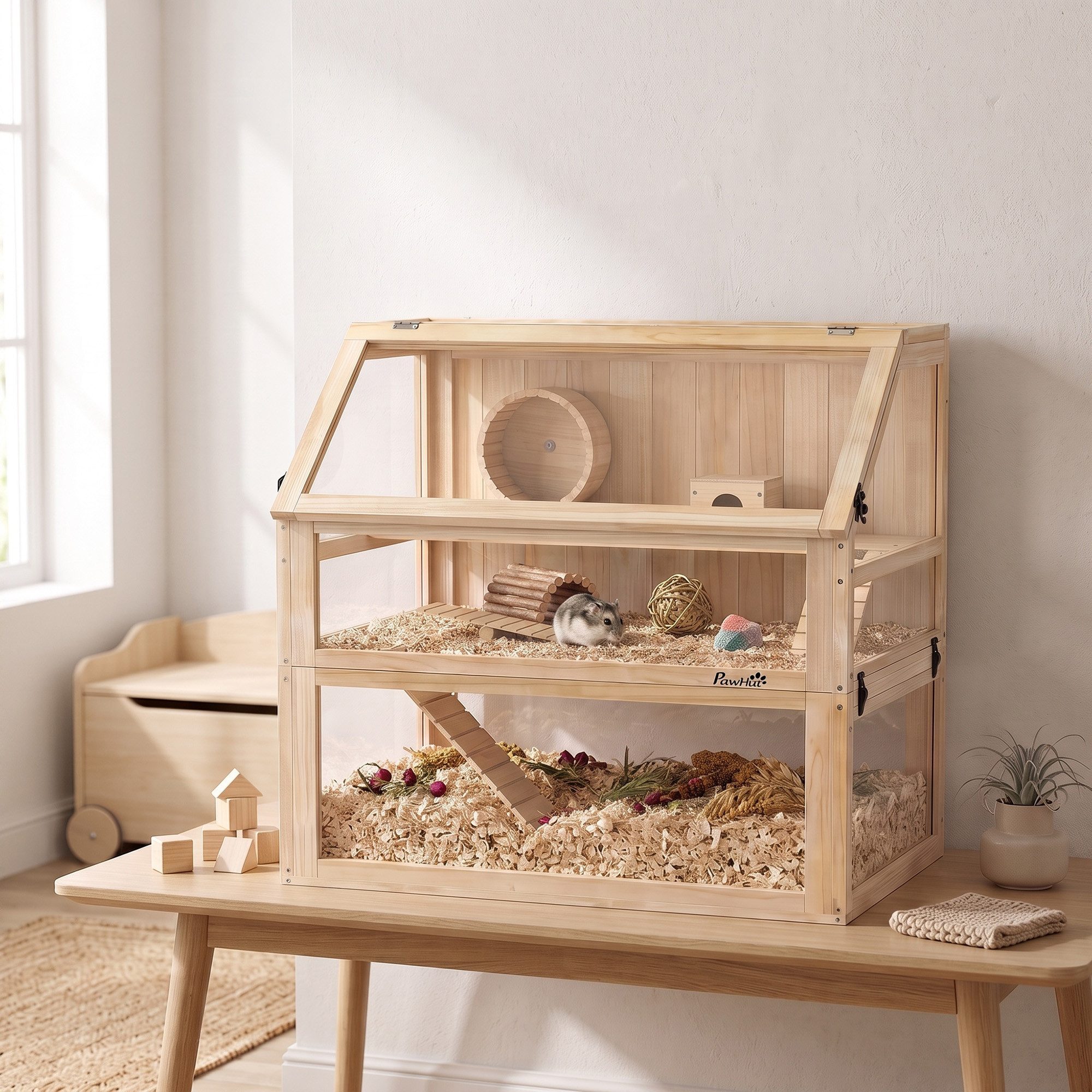 PawHut Kleintierkäfig Hamsterkäfig aus Holz 3 Etagen Nagerkäfig mit Wippe Laufrad Hütte, für Hamster, Zwerghamster, 80 x 50 x 76 cm Naturholz