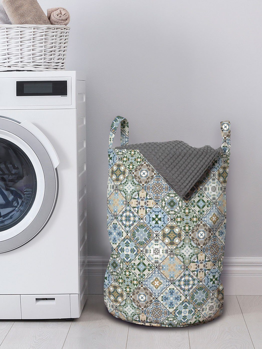 Mosaiken Waschsalons, Azulejo Kunst Rhythmische Fliesen Abakuhaus für Wäschekorb Kordelzugverschluss Griffen Wäschesäckchen mit