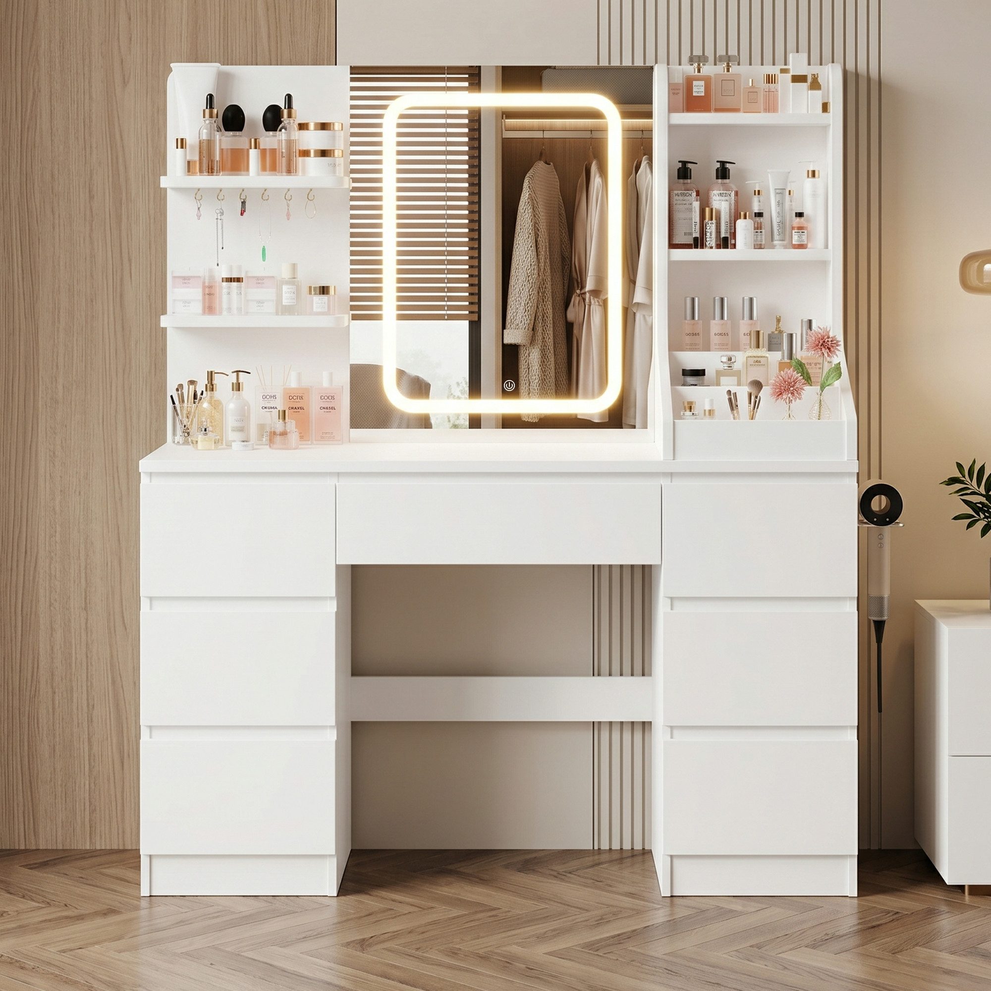 HOMALL Schminktisch Spiegel mit LED-Beleuchtung, 7 Schubladen (Maße: 110 × 40 × 139 cm, drei einstellbare Farbtemperaturen, mit 8 offenen Ablagefächern, 6 Schmuckhaken, 2 Steckdosen, 1 USB-Anschluss, 1 Typ-C-Anschluss und einer Haartrocknerhalterung)