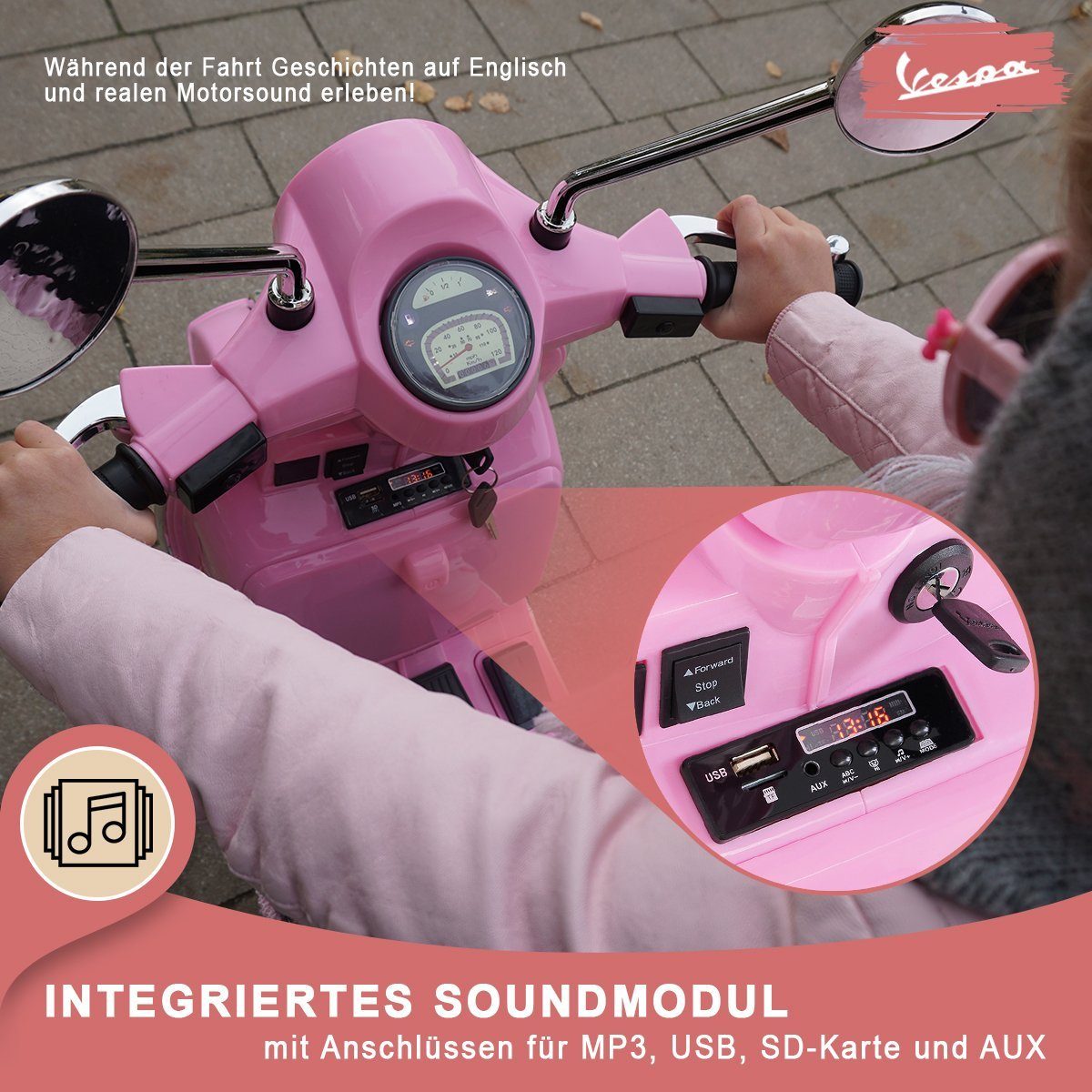 Actionbikes Motors Elektro-Kinderroller Kinder Elektroroller Piaggio Vespa PX150 Kindermotorrad, Belastbarkeit 35 kg, (2-tlg), Kinder Elektro Roller - Stützräder - Bremsautomatik - 2x12 V Motoren