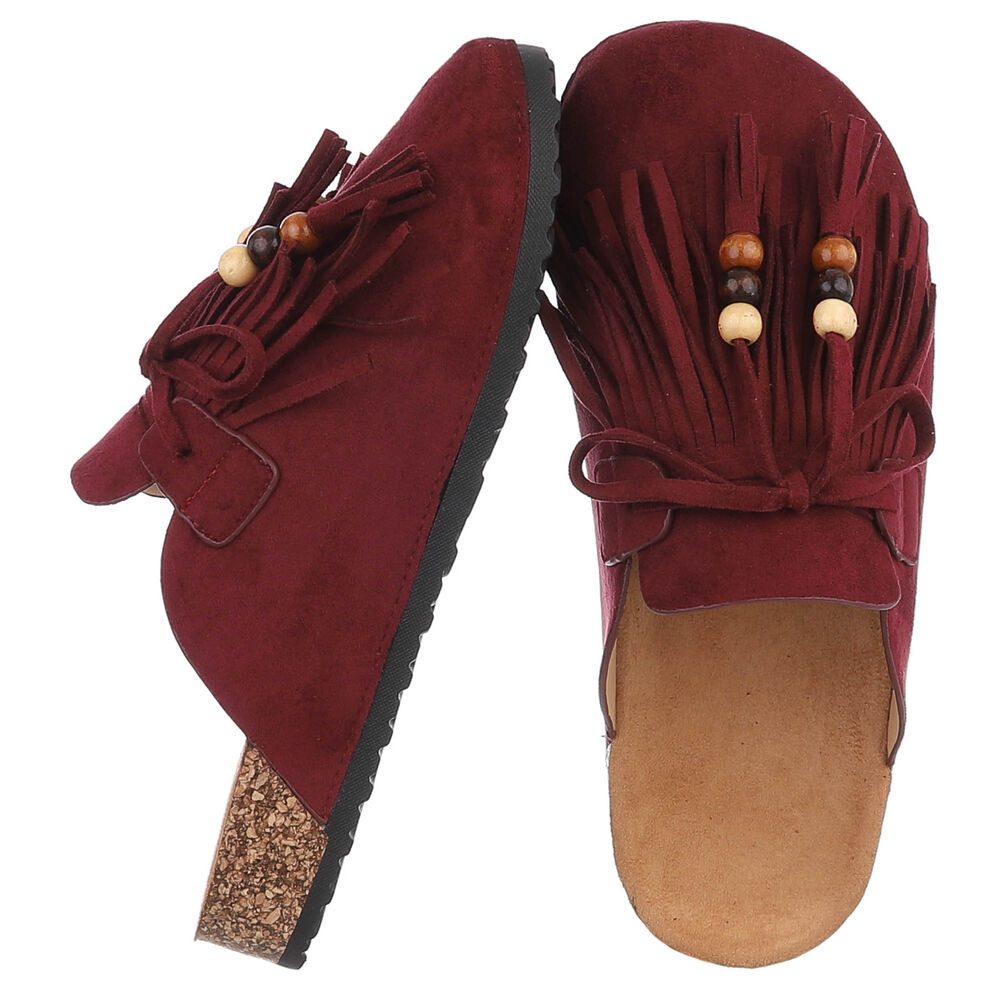 Ital-Design Damen Clog mit Fransen und Perlen, Schlupfschuh Pantolette (91742369) Flach Pantoletten in Weinrot