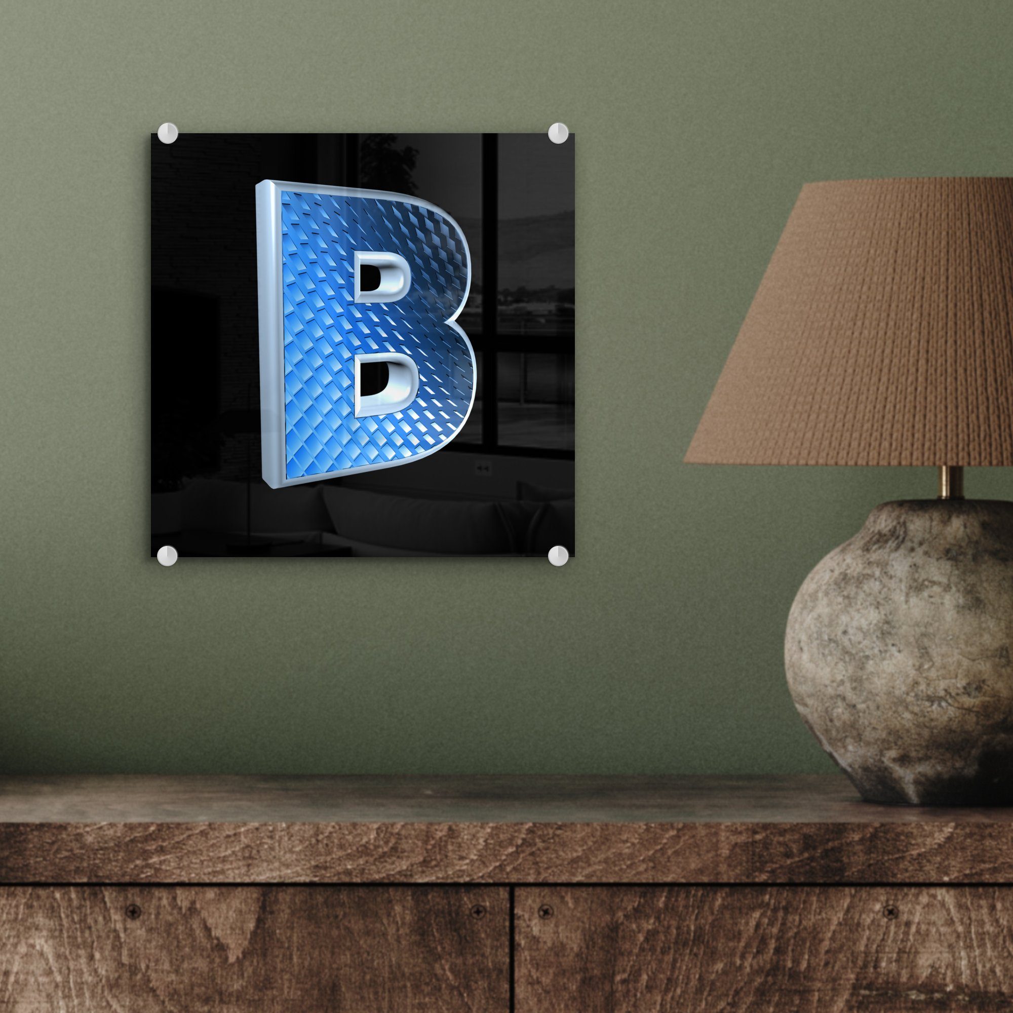 (1 auf B Großbuchstabe Glasbilder Blau - auf Wanddekoration Acrylglasbild auf St), schwarzem Wandbild Hintergrund, Glas MuchoWow - Foto Bilder Glas - in