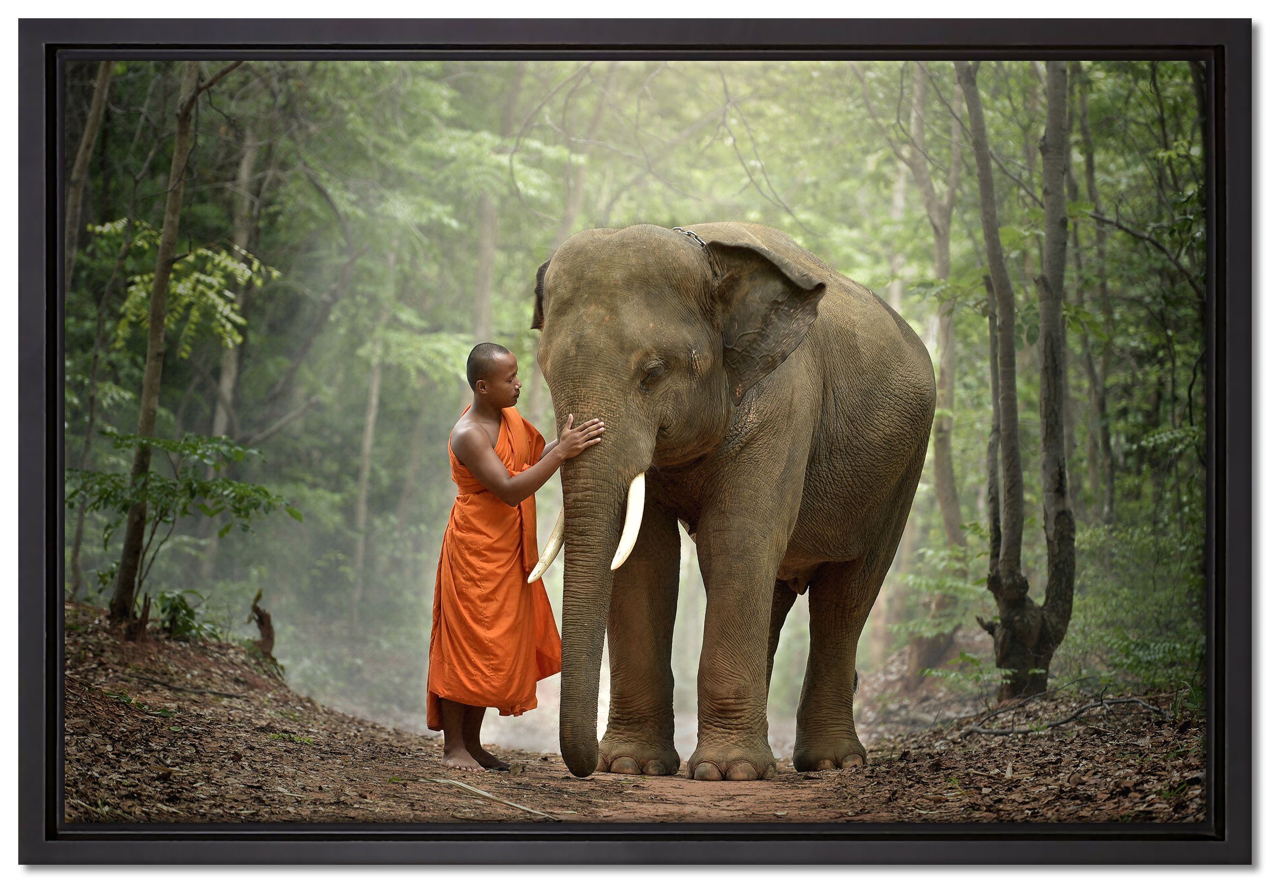 Pixxprint Leinwandbild wunderschöner Elefant mit Mönch, Wanddekoration (1 St), Leinwandbild fertig bespannt, in einem Schattenfugen-Bilderrahmen gefasst, inkl. Zackenaufhänger