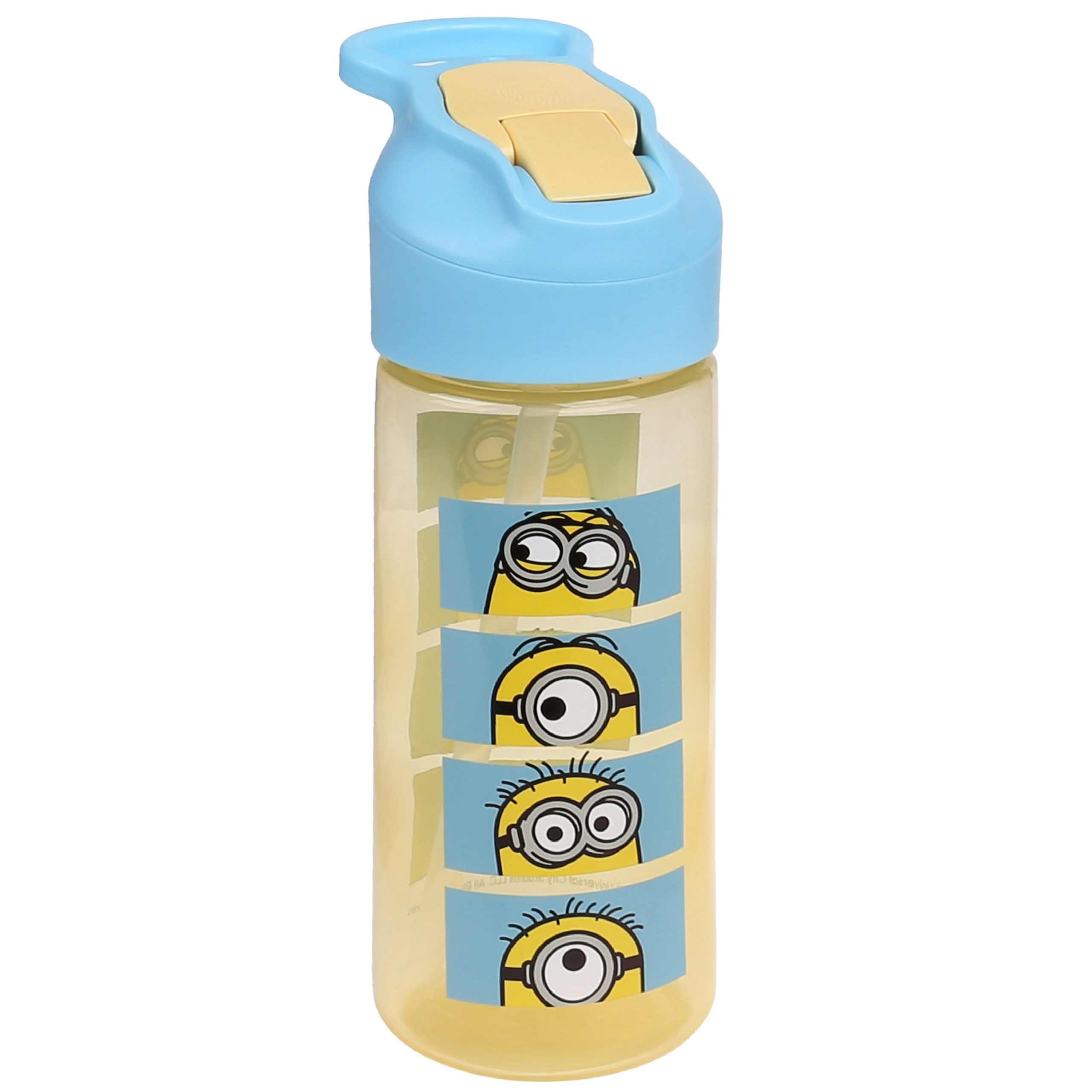 Sarcia.eu Trinkflasche Minions Wasserflasche mit Trinkhalm und Griff, transparent, 450 ml