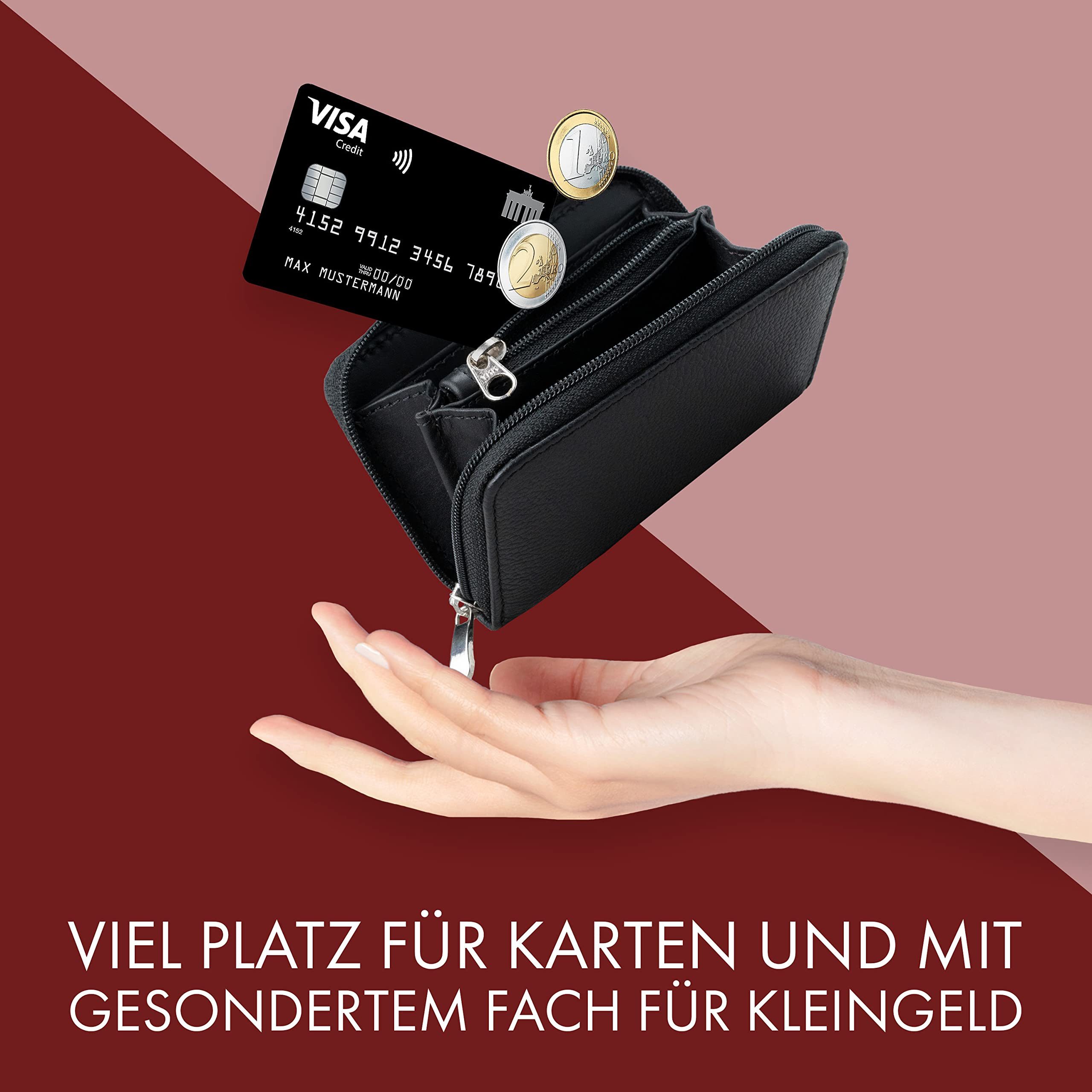 XiRRiX Mini Geldbörse - kleines Portemonnaie für Damen und Herren - mit Reißverschluss (mit Münzfach, 1-tlg), klein und handlich aus anschmiegsamem echtem Leder