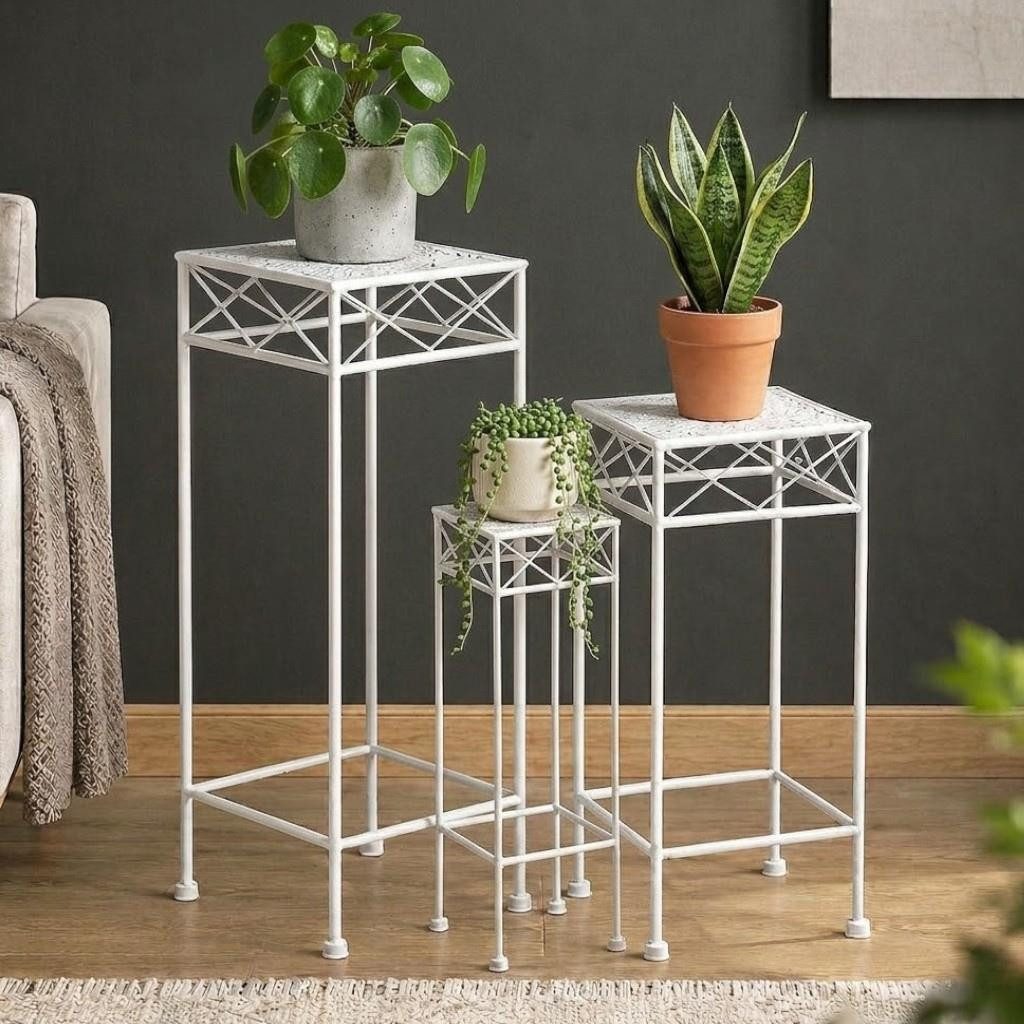 DanDiBo Blumenhocker Weiß Metall Eckig Blumenhocker 3er Set Beistelltisch