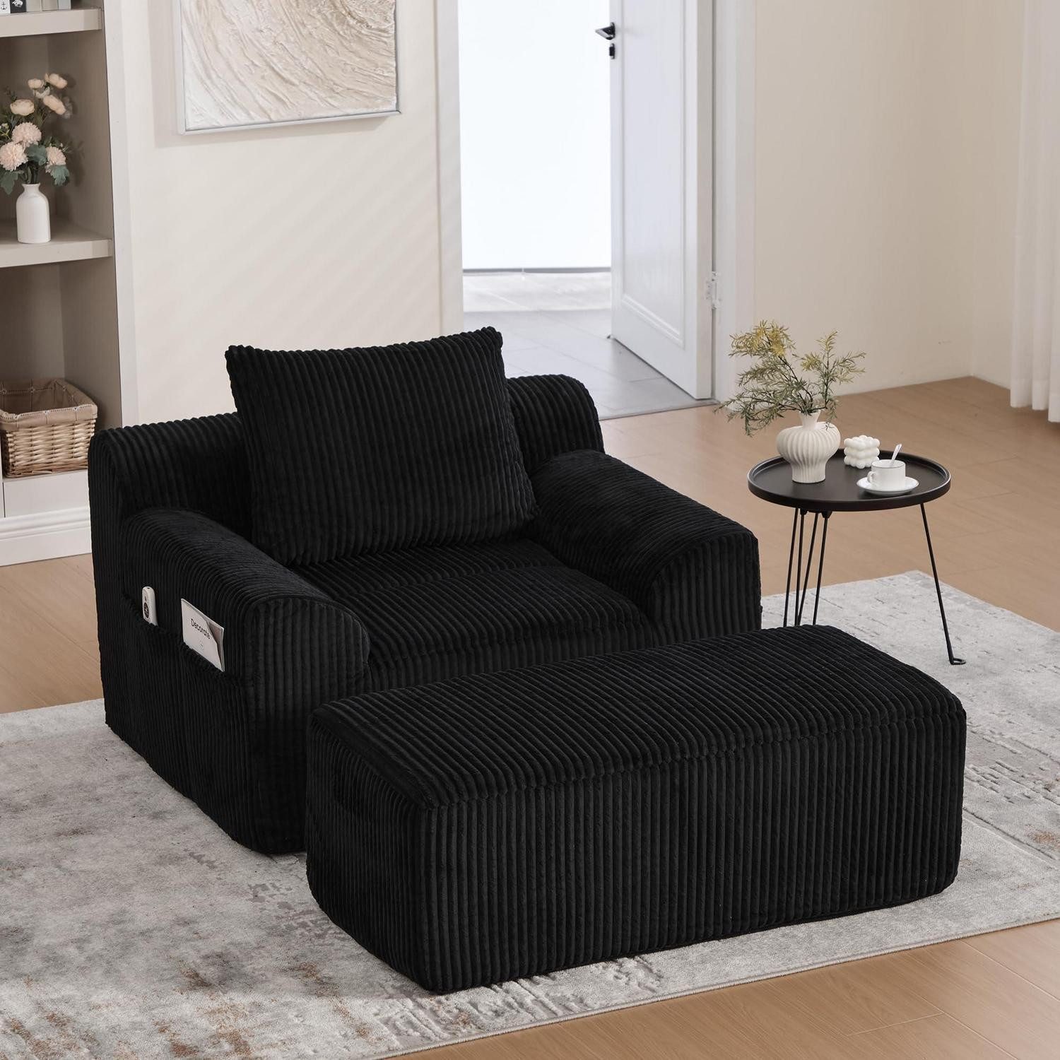 LuxusKollektion Loungesofa Couchsessel Fußhocker Seitentaschen Cord Wohnzimmer Büro Schwarz