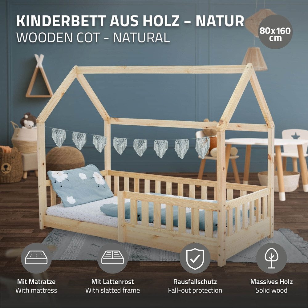 ML-DESIGN Spielbett Hausbett Kinderbett inkl. Lattenrost kreativ Bodenbett für Kinder, Abenteuerbett zum Spielen mit Rausfallschutz Kiefer Natur Himmelbett – Bild 2 von 5