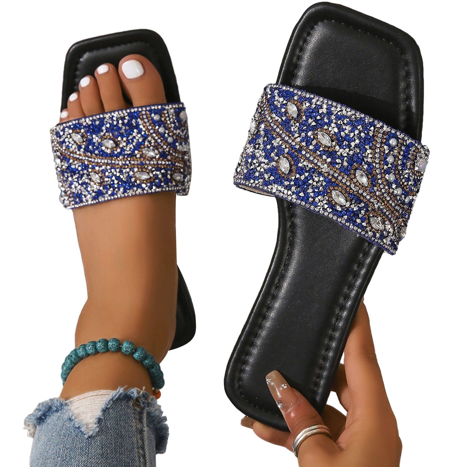 Daisred Damen Hausschuhe Outdoor Sandalen Sandalette Blau