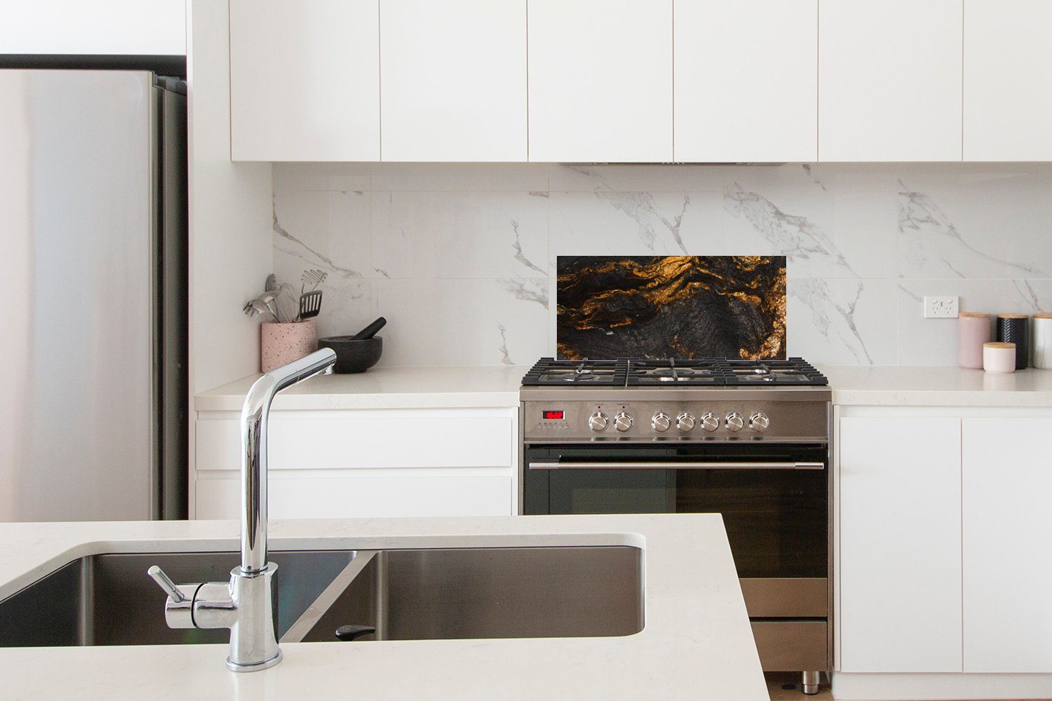 MuchoWow Küchenrückwand 60x30 Luxus, Gold cm, Marmor Küchen für Fett - Schwarz gegen - Marmoroptik Wandschutz, Limette und - - (1-tlg), Schmutzflecken 