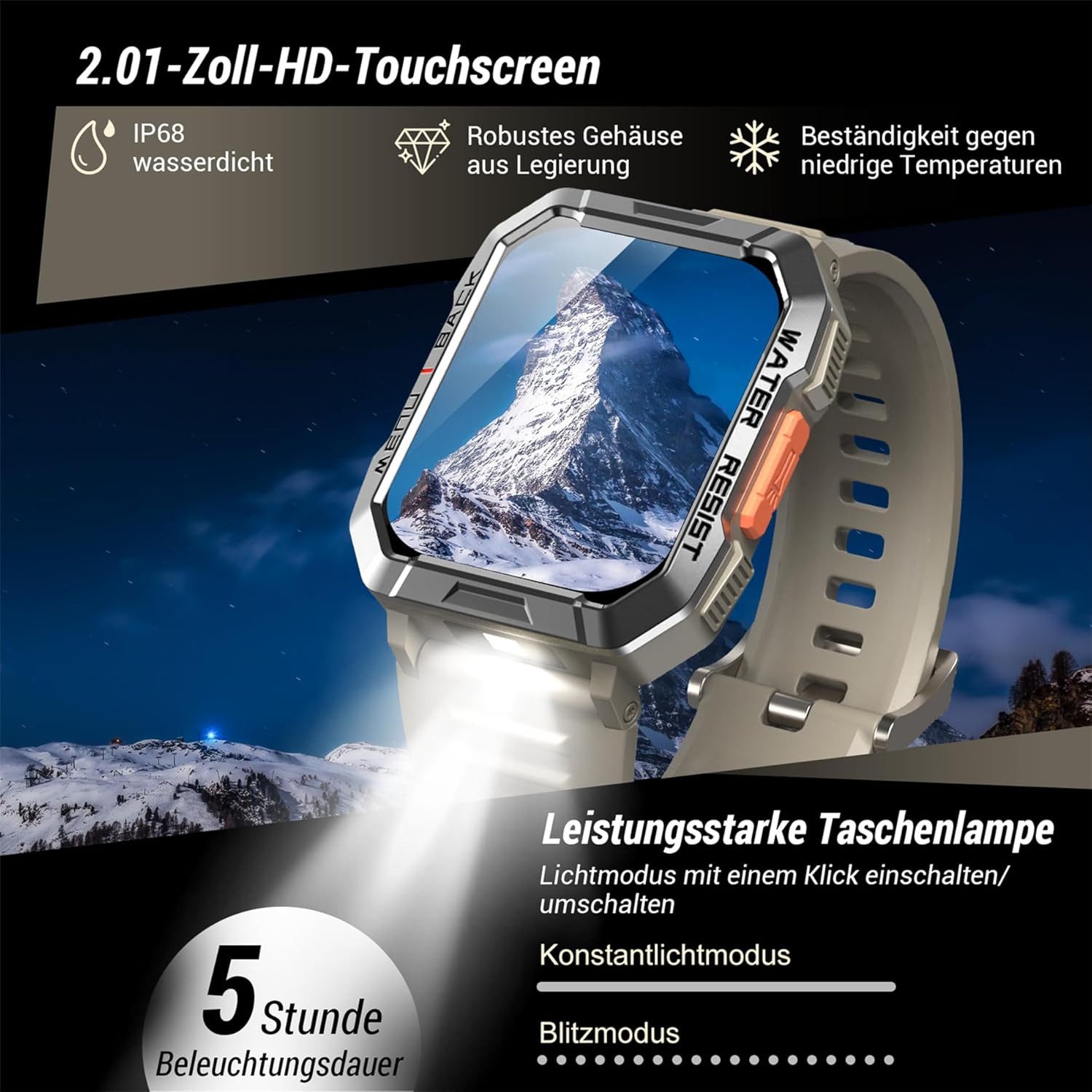 IOWODO Herren"s Militärische Uhr: mit Telefonfunktion und 100 Tage Akku Smartwatch (5 cm/2.01 Zoll, Android/iOS), Robustes Outdoor Gerät für Anrufe GPS SpO2 Schlafanalyse IP68