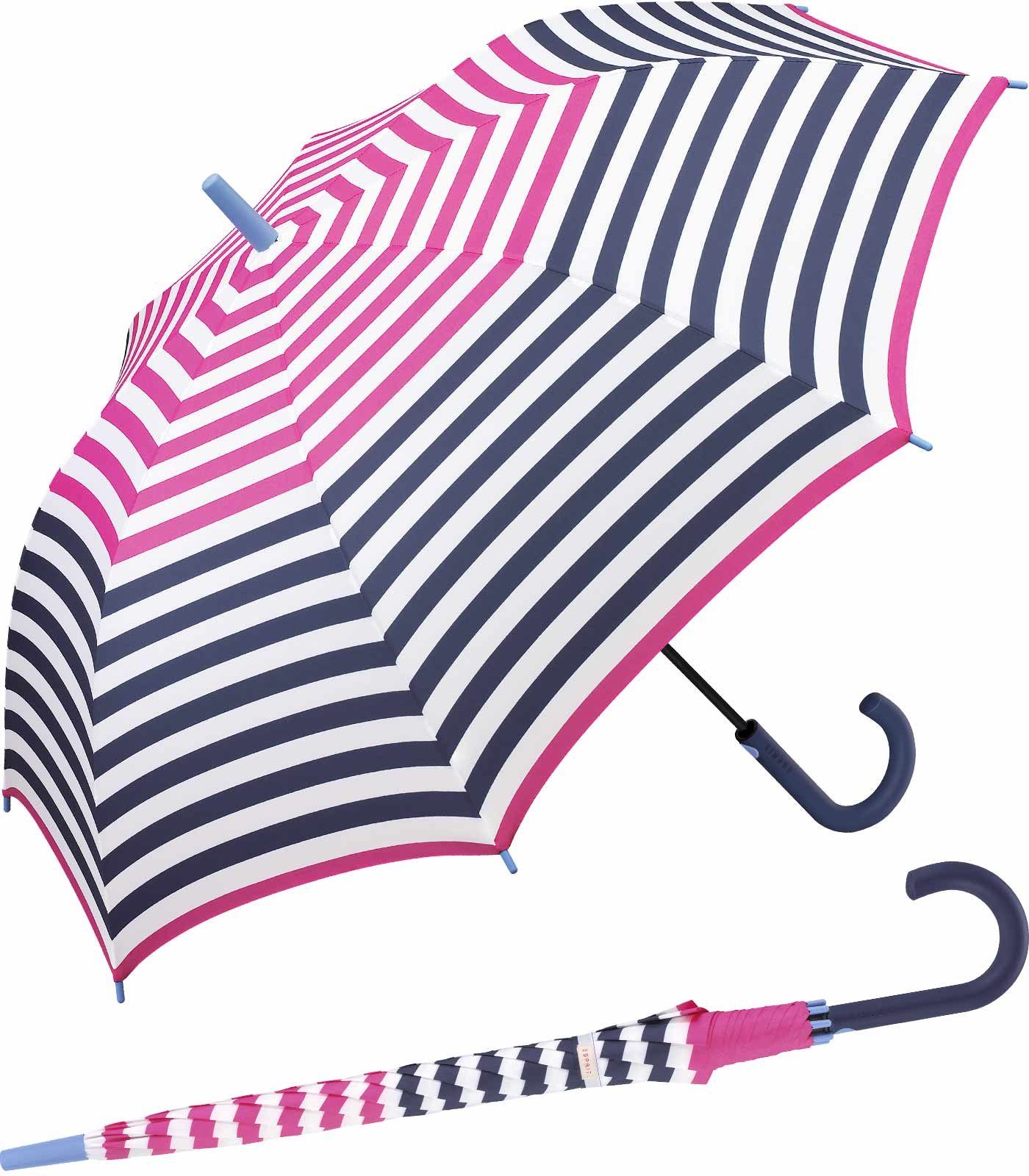 Esprit Langregenschirm großer Regenschirm für Damen mit Auf-Automatik, mit jugendlichem Streifenmuster - pink-navy