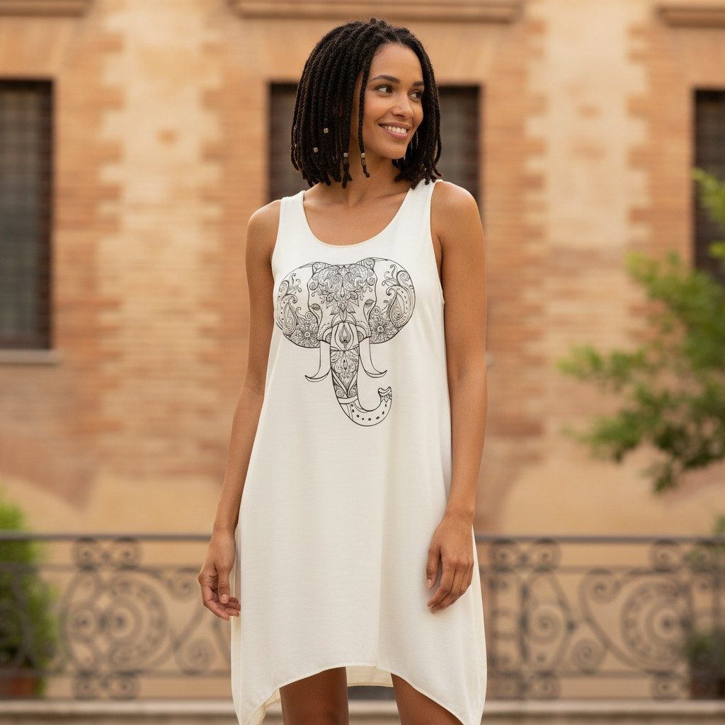 Guru-Shop Midikleid Minikleid mit Ethnodruck - creme Elefant alternative Bekleidung