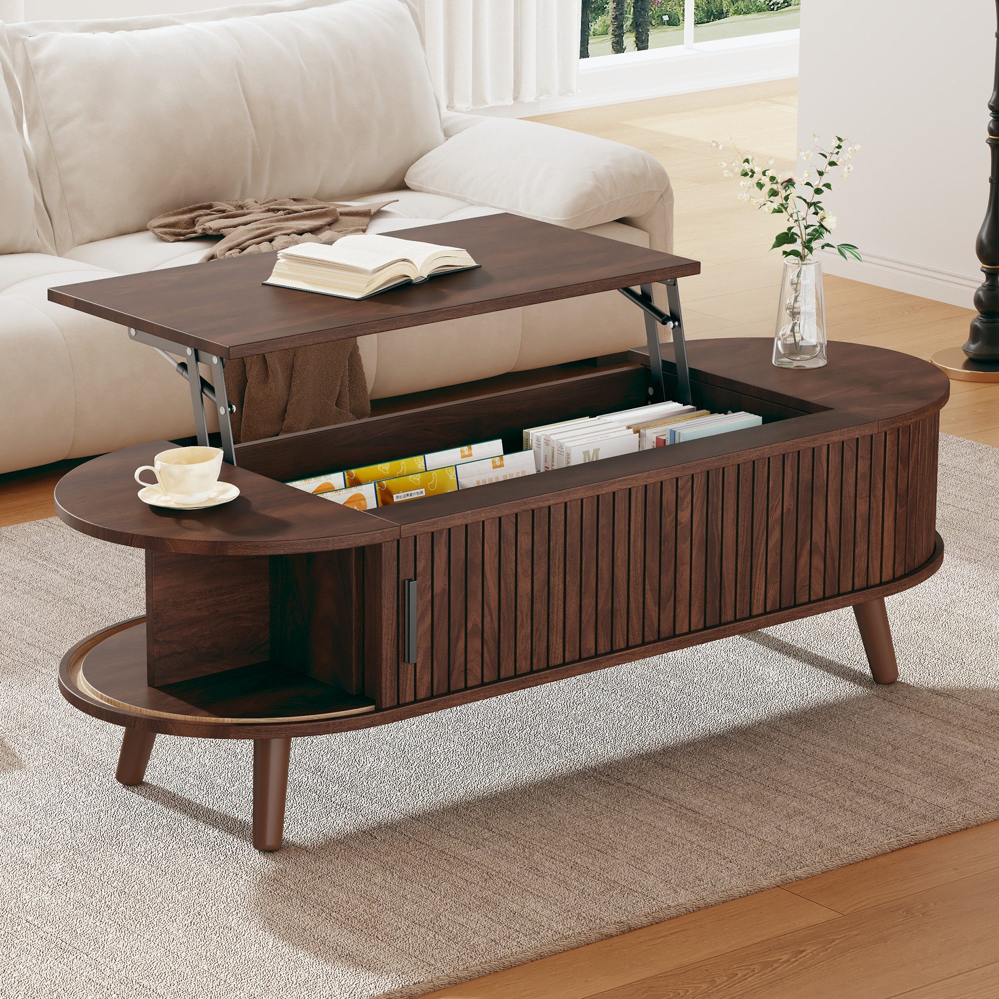 KLAM HOME Couchtisch Höhenverstellbarer Couchtisch mit verstecktem Stauraum (Praktischer Beistelltisch mit 5 Ablageflächen), Moderner Sofatisch in Nussbaum-Optik