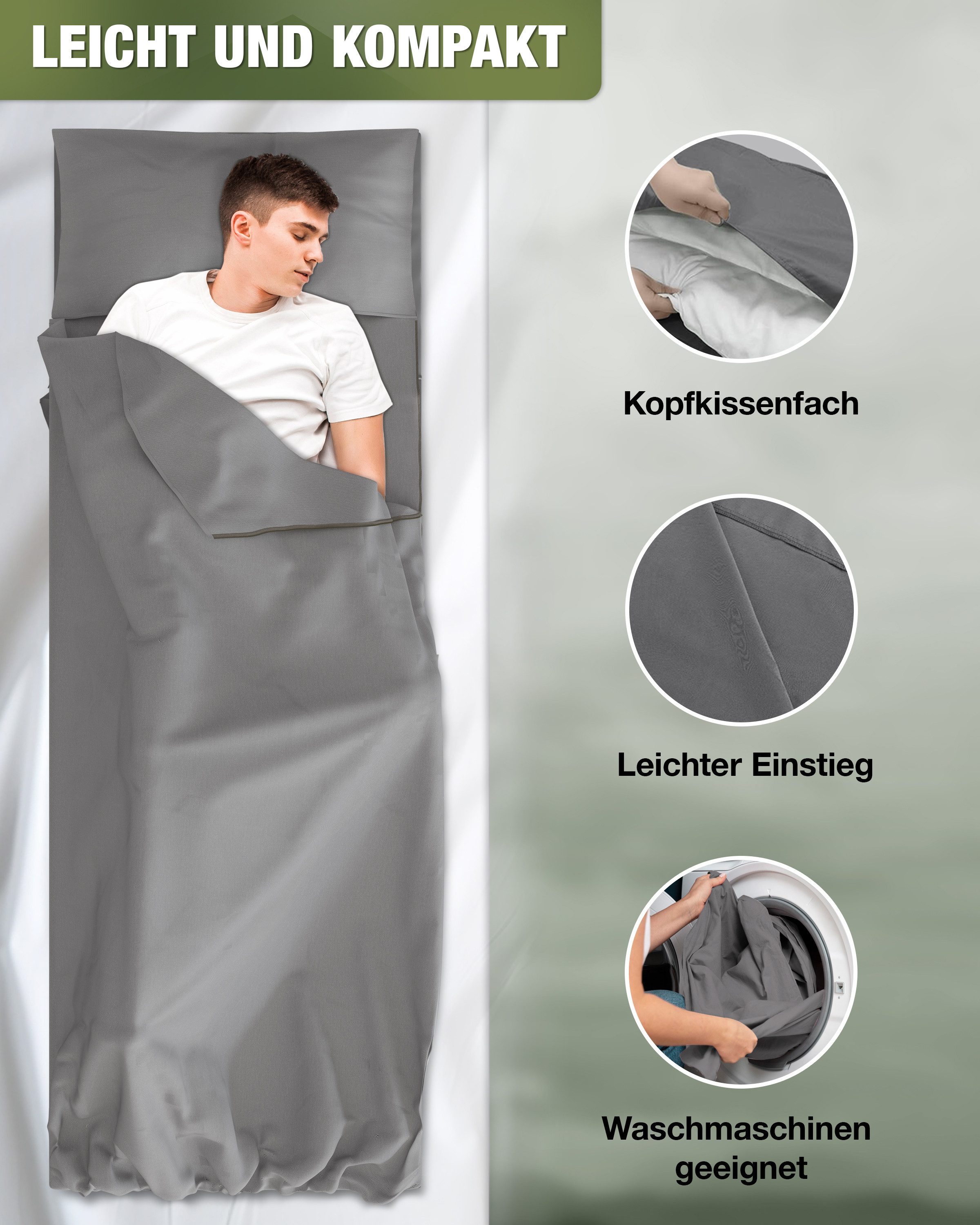 Alpenwert Schlafsackinlett Hüttenschlafsack Deckenschlafsack Schlafsack Inlett Sommerschlafsack, (220cm x80cm, 1-St., Hüttenschlafsack und Tasche), Hüttenschlaf – Bild 4 von 5