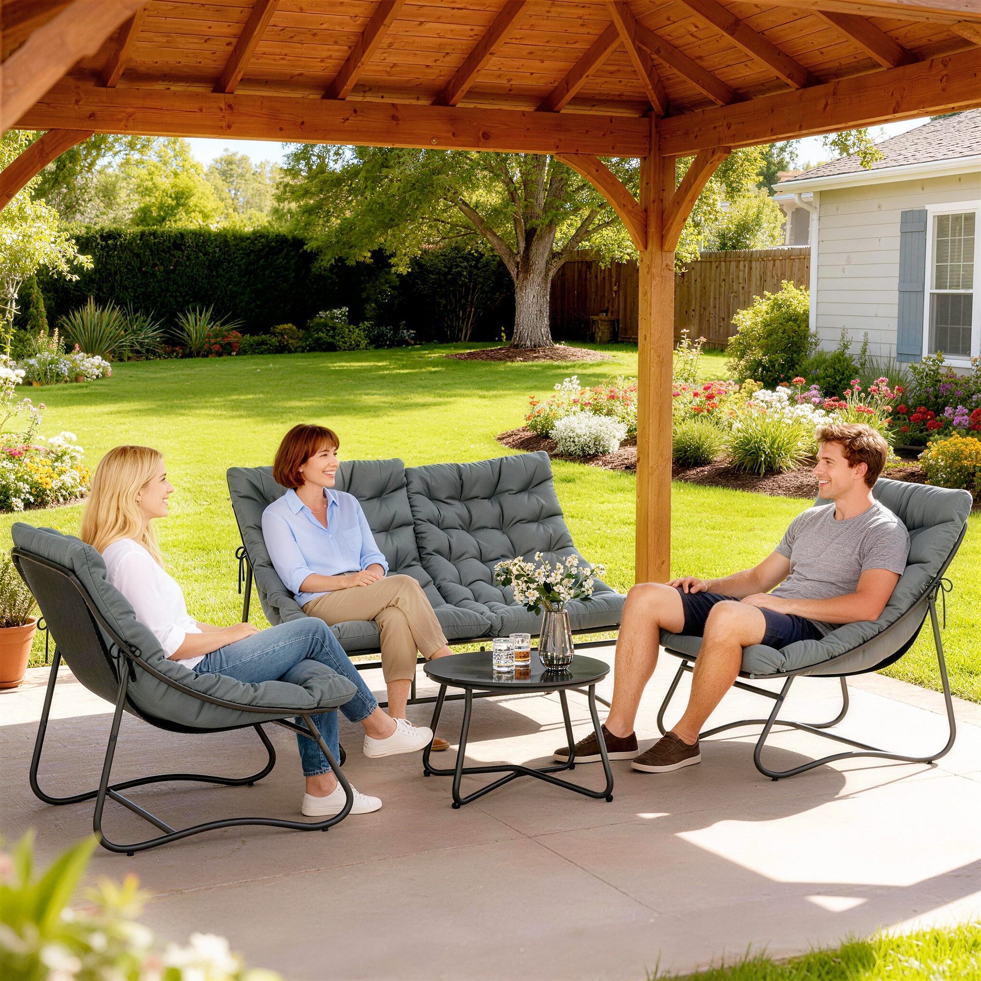 Outsunny Sitzgruppe 4 Personen mit 2er Sofa, Sessel, Beistelltisch, Sitzkissen, (Stahl Gartenmöbel Set 4, 4-tlg., wetterfest Balkonmöbel-Set), für Garten, Terrasse, Balkon, Grau