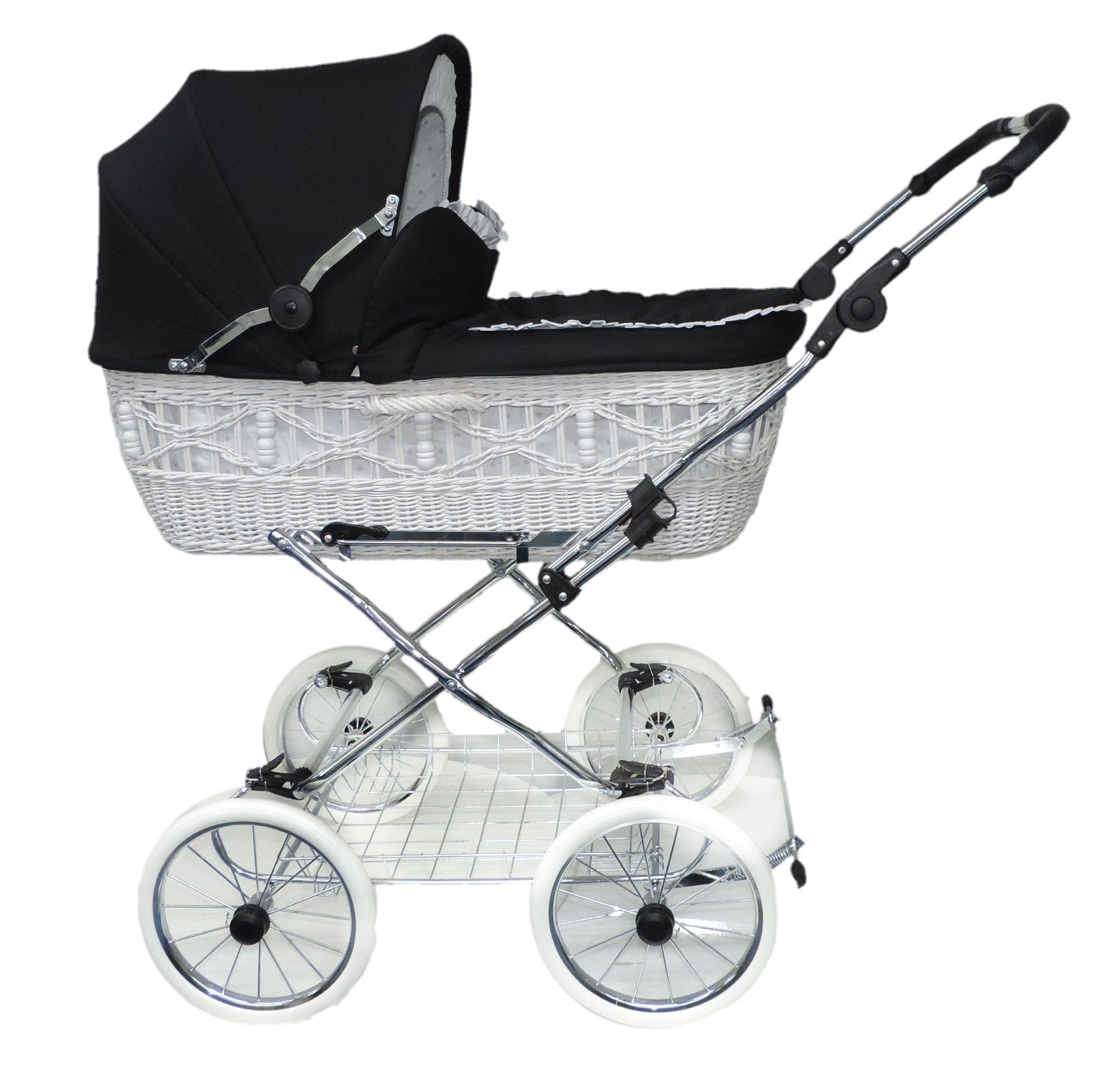 Eichhorn Kinderwagen Kombi-Kinderwagen Retro Korbkinderwagen Komplett-Set "Senator", Weide Weiß, inklusive Sportwageneinsatz (0-3 Jahre) / made in EU