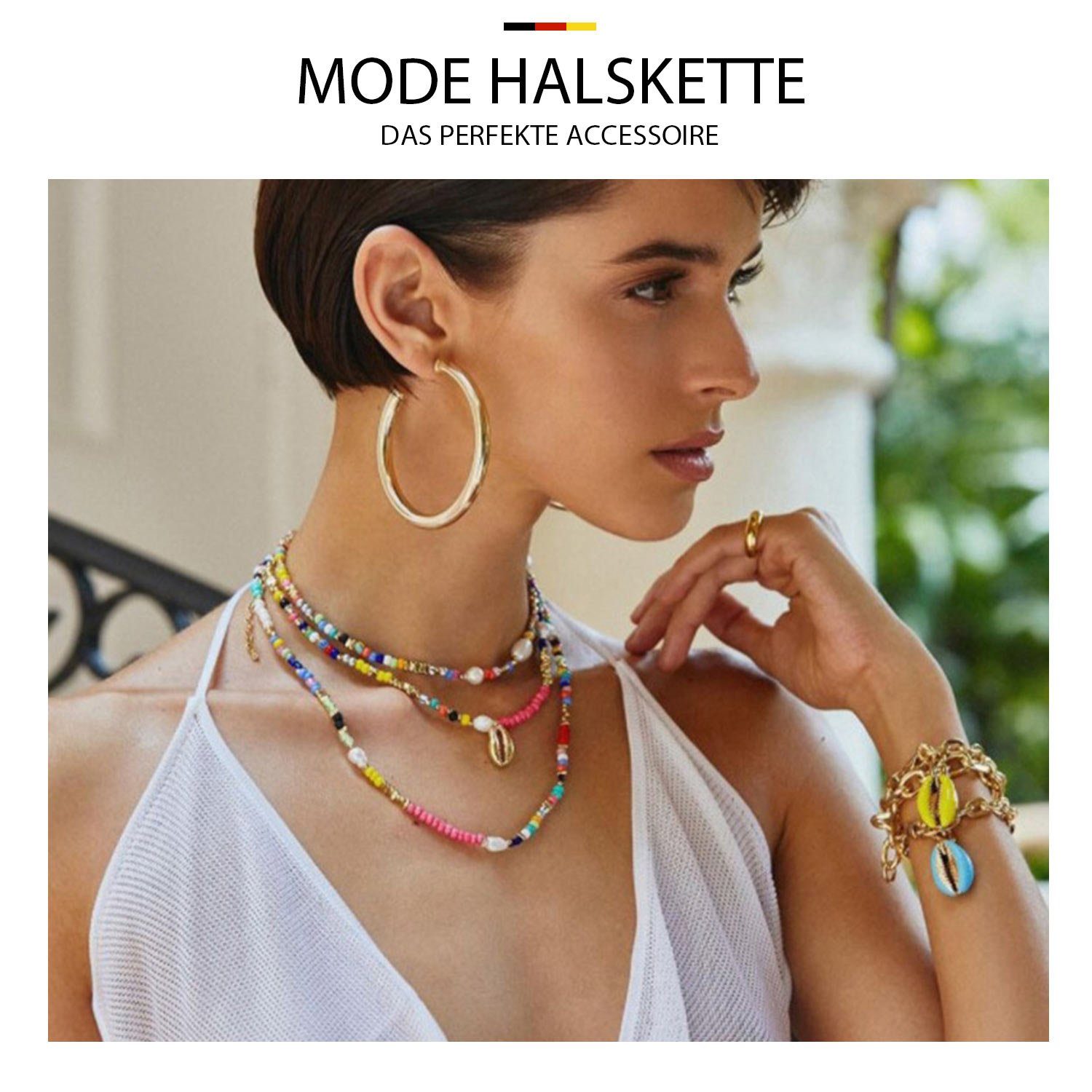 Edelstahl aus Halsketten 18K 3 MAGICSHE Perlenkette Halskette Frauen, Halskette vergoldet Süßwasserperlen bunte für Layered