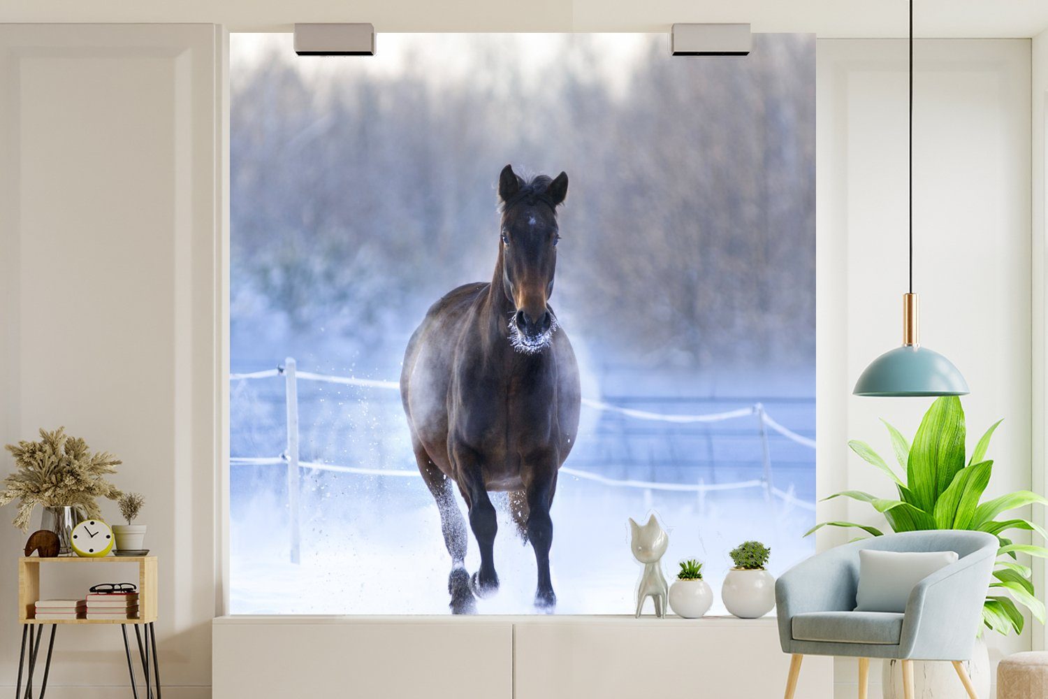 Vliestapete Wohnzimmer Winter - MuchoWow Schnee Küche, Zaun, - - Fototapete (4 Matt, für Fototapete Pferd St), Schlafzimmer bedruckt,