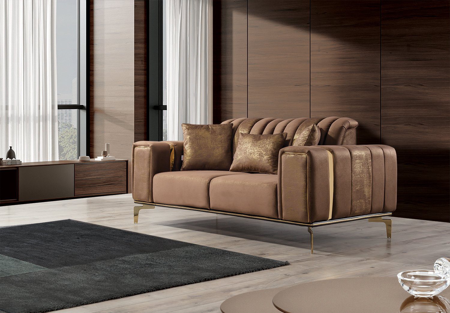 Villa Möbel Sofa Eden, 1 Stk. 3-Sitzer, Quality Made in Turkey, Mikrofaser Samtstoff Braun-Gold