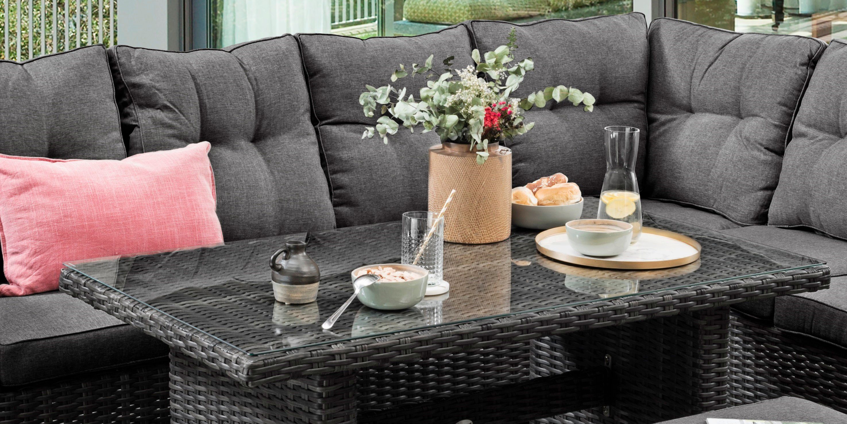 Destiny Gartenlounge-Set SANTA PONSA DE LUXE, (20-tlg., 2x Schenkel, 1x Fußhocker, 1x Bank, 1x Tisch, inkl. Auflagen), Aluminium, Polyrattan