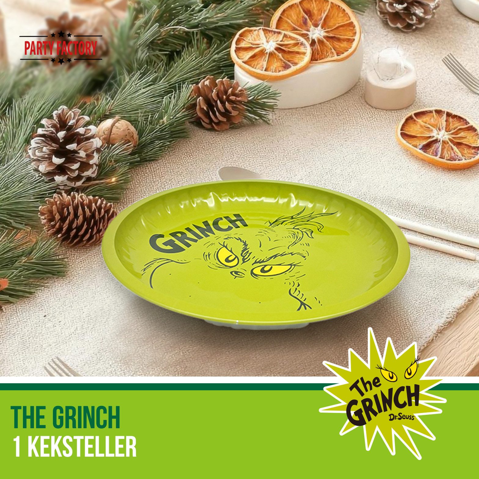 Party Factory Dekoteller The Grinch Keksteller grün – 26 cm für Plätzchen Deko Weihnachten (1 St)