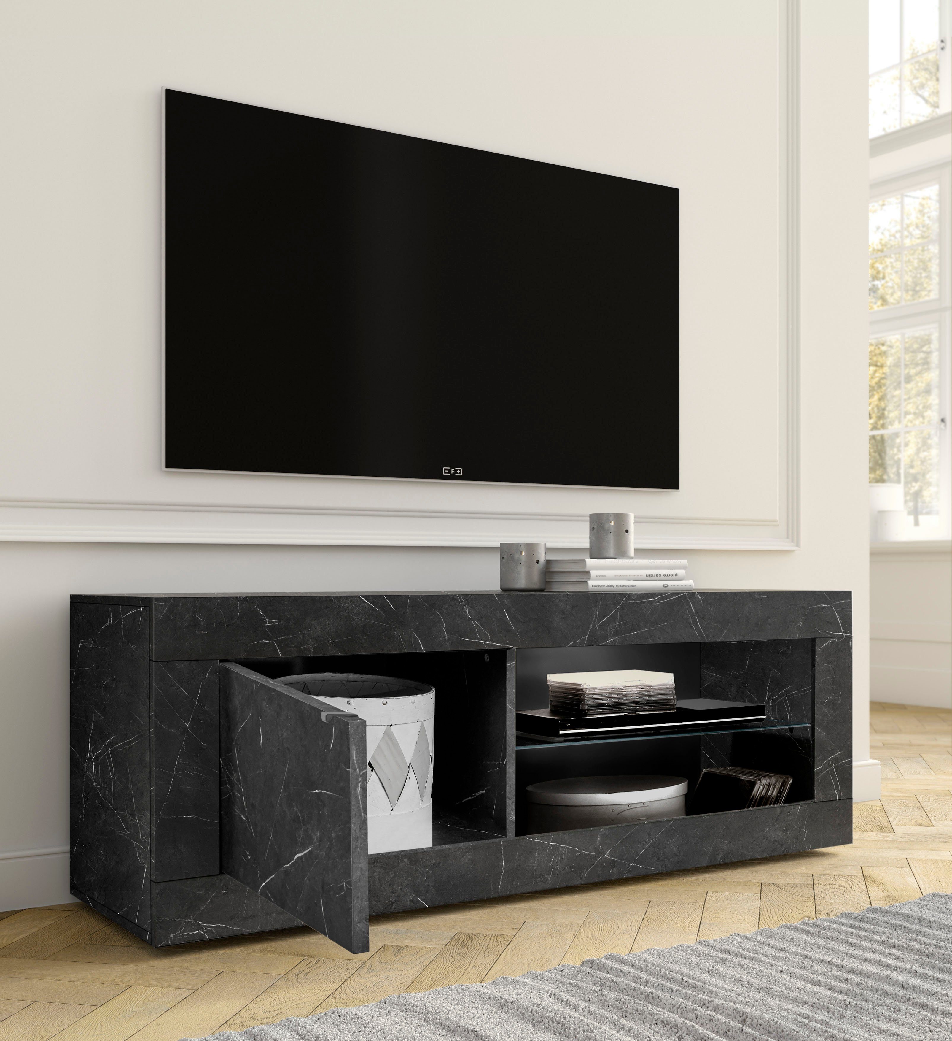 Home affaire Lowboard Basic Breite 140 cm, TV-Board 1 Tür, 2 offene Fächer (Glasboden), TV-Kommode, Metallgriff, moderne Rahmenoptik, Farbauswahl
