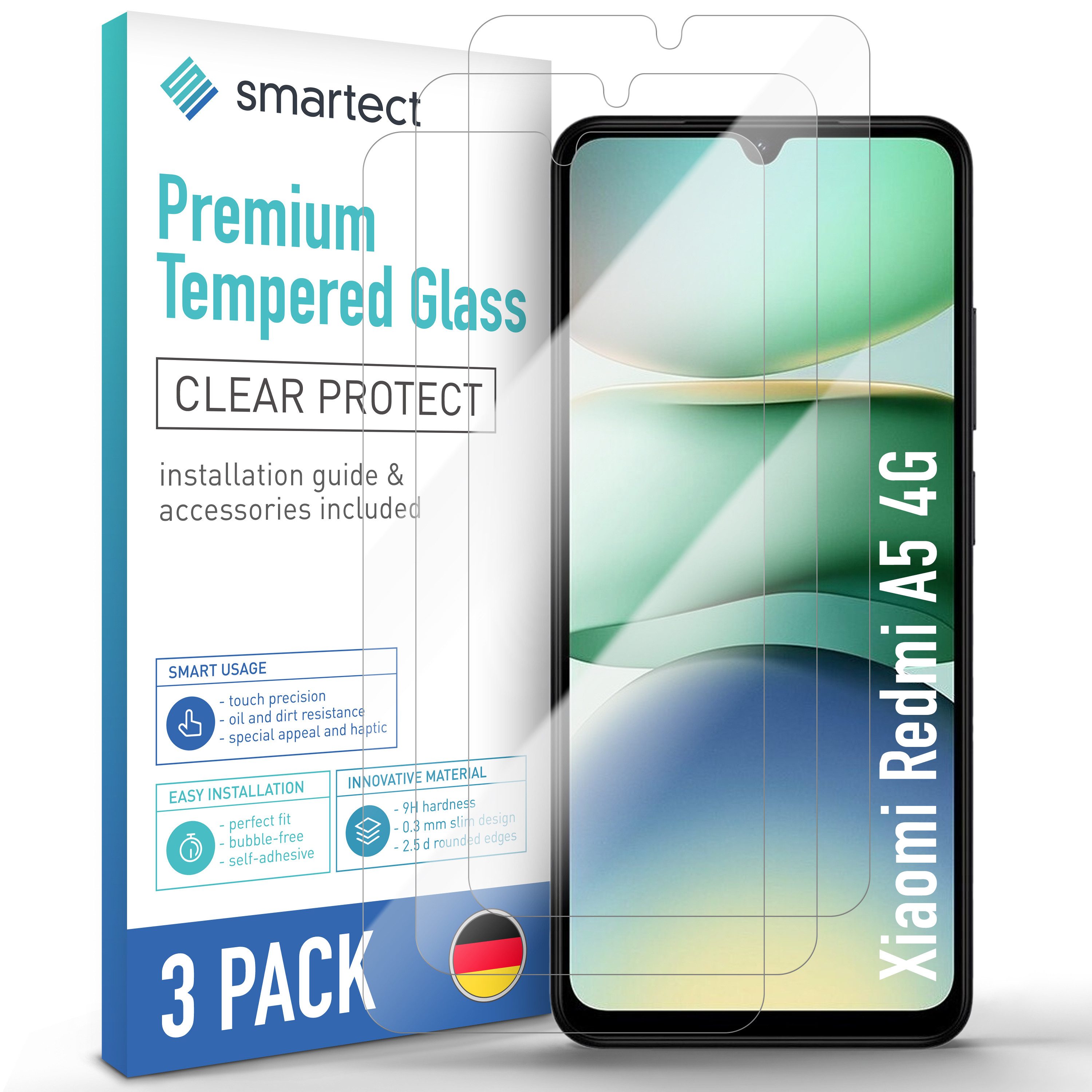 smartect Displayschutzglas Schutzglas Panzerfolie Klar für Xiaomi Redmi A5 4G, Set, 3 Stück, Schutzfolie Glasschutz Bildschirm