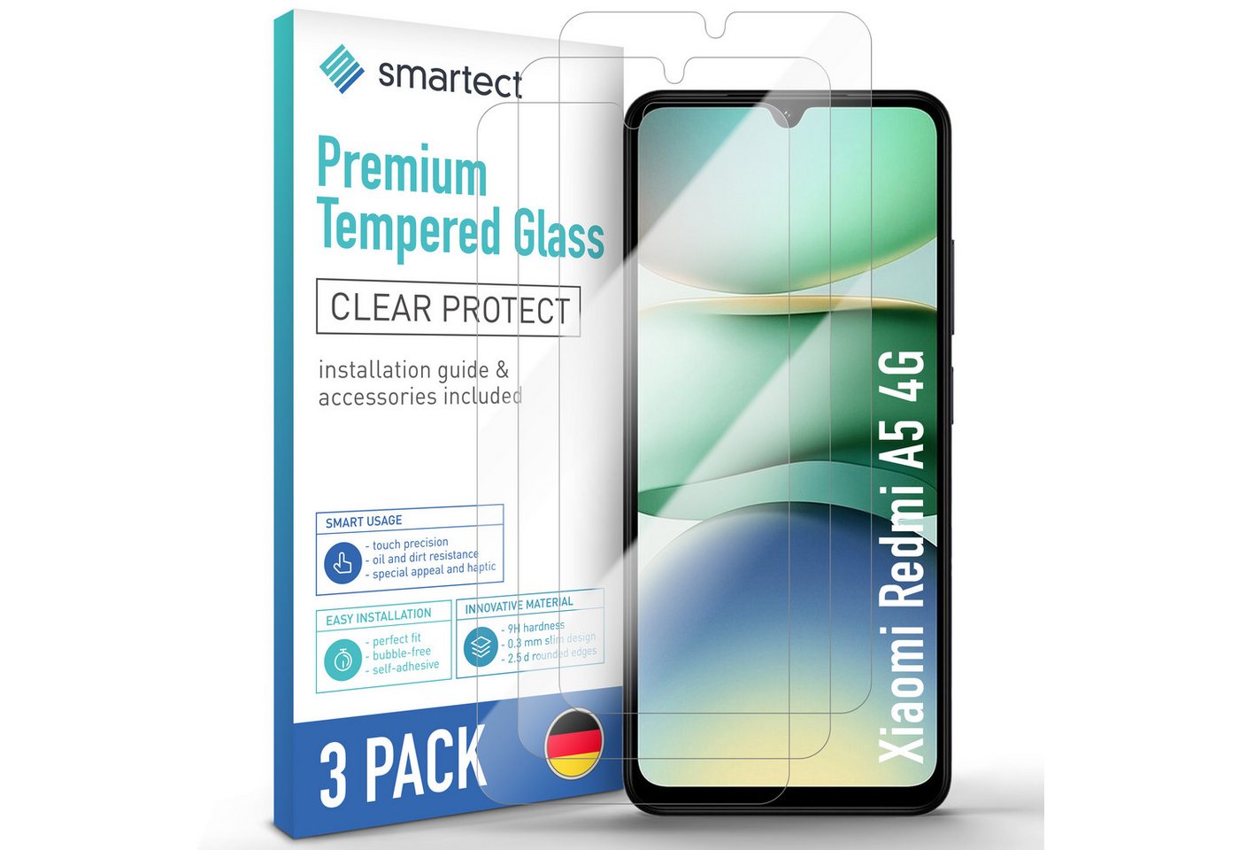 smartect Displayschutzglas 3X Schutzglas Panzerfolie Klar für Xiaomi Redmi A5 4G für Xiaomi Redmi A5 4G, Set, 3 Stück, 0.3 mm Ultra-klar, 9H Härte, Kratzfest, Stoßfest, Blasenfrei, Oleophob