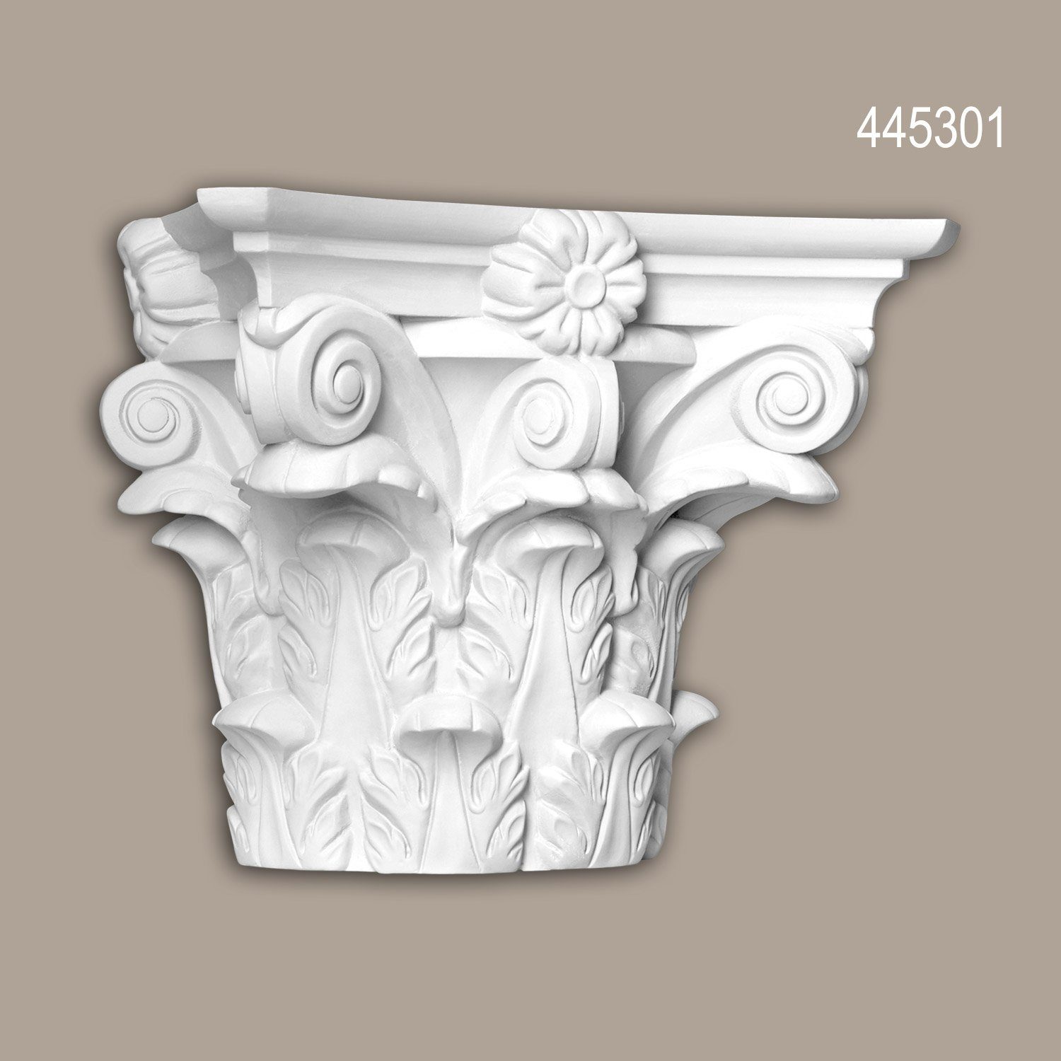 Profhome Wanddekoobjekt 445301 (Halbsäulen Kapitell, 1 St., Fassadenstuck, Säule, Zierelement, Außenstuck), weiß, vorgrundiert, für Fassadendekoration, Stil: Korinthisch