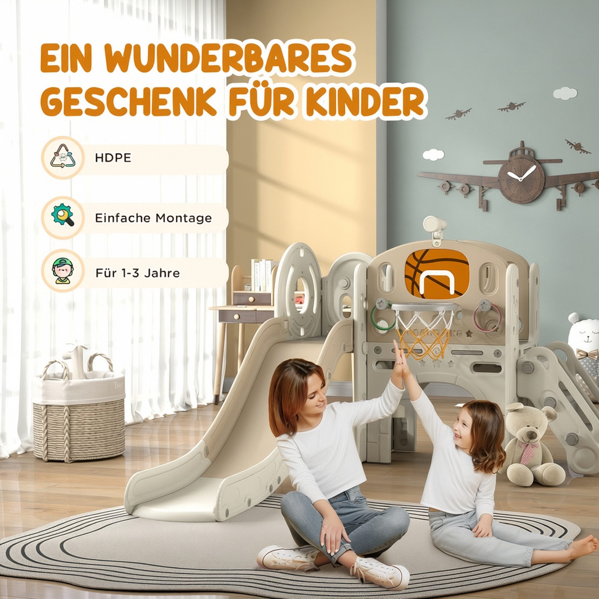 AIYAPLAY Rutscher Klettergerüst mit Teleskop, Tunnel und Aufbewahrungskorb, (Kinderrutsche, 1-tlg., Kleinkinderrutsche), für 1 bis 6 Jahre Kinder – Bild 5 von 5