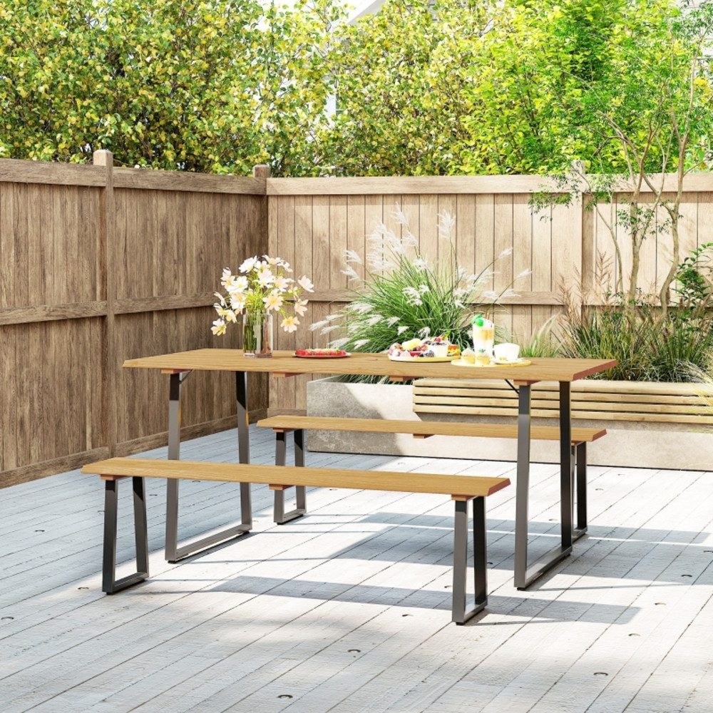 OKWISH Sitzgruppe 3‑tlg. 178x77x76 cm aus Holz mit Tisch & 2 Bänken für 6 Personen, (Set, 3-tlg., Schirmloch, Bänke ersetzen Einzelstühle – großzügige Sitzfläche), Sitzgruppe für Garten, Terrasse & großzügige Essbereiche