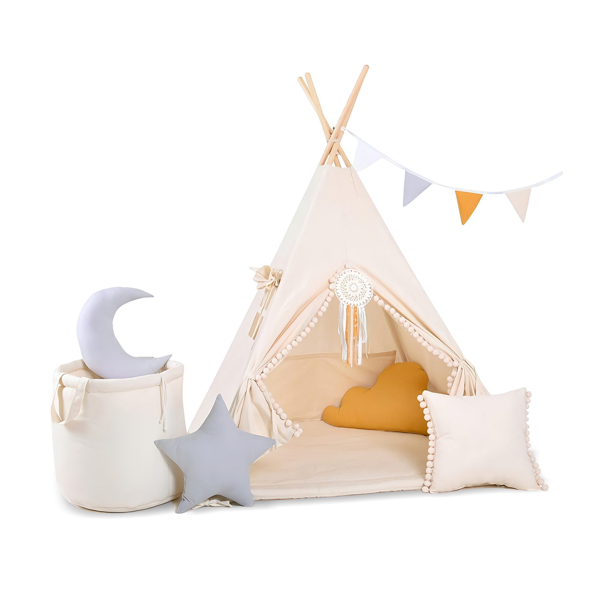 Rainbow Kids Tipi-Zelt Kinderzelt "Beiger Wolf" in Beige mit Zubehör, (8 tlg., mit 4 Kissen, Matte, Spielzeugkorb und Wimpelkette), Perfektes Spielzelt & Unterschlupf für Kinder, 110 x 110 x 160cm