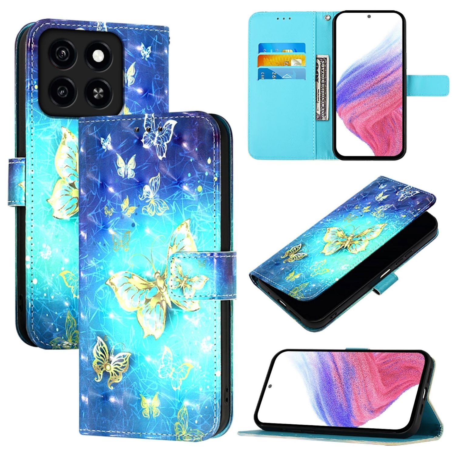 Wigento Smartphone-Hülle Für ZTE Blade A35 / A55 Kunstleder Tasche Hülle Wallet Design Motiv 1, Kunst-Leder Schutzhülle magnetischer Verschluss