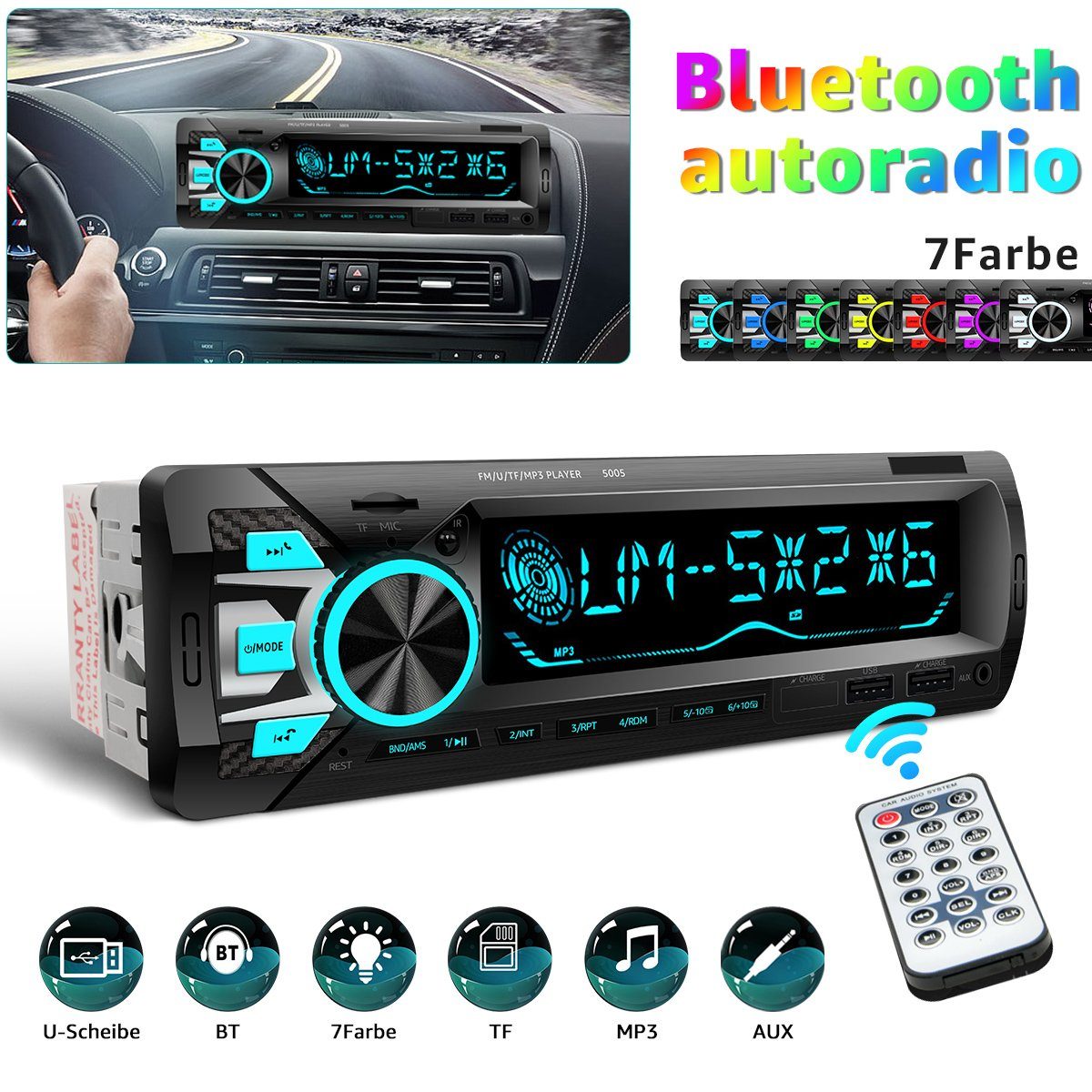 7Magic Autoradio Bluetooth Freisprecheinrichtung, Lifelf Radio Stereo 4x60W  Autoradio (FM-Tuner, 1 DIN Autoradio-Empfänger mit MP3-Player WMA FM  Fernbedienung, 2 USB)
