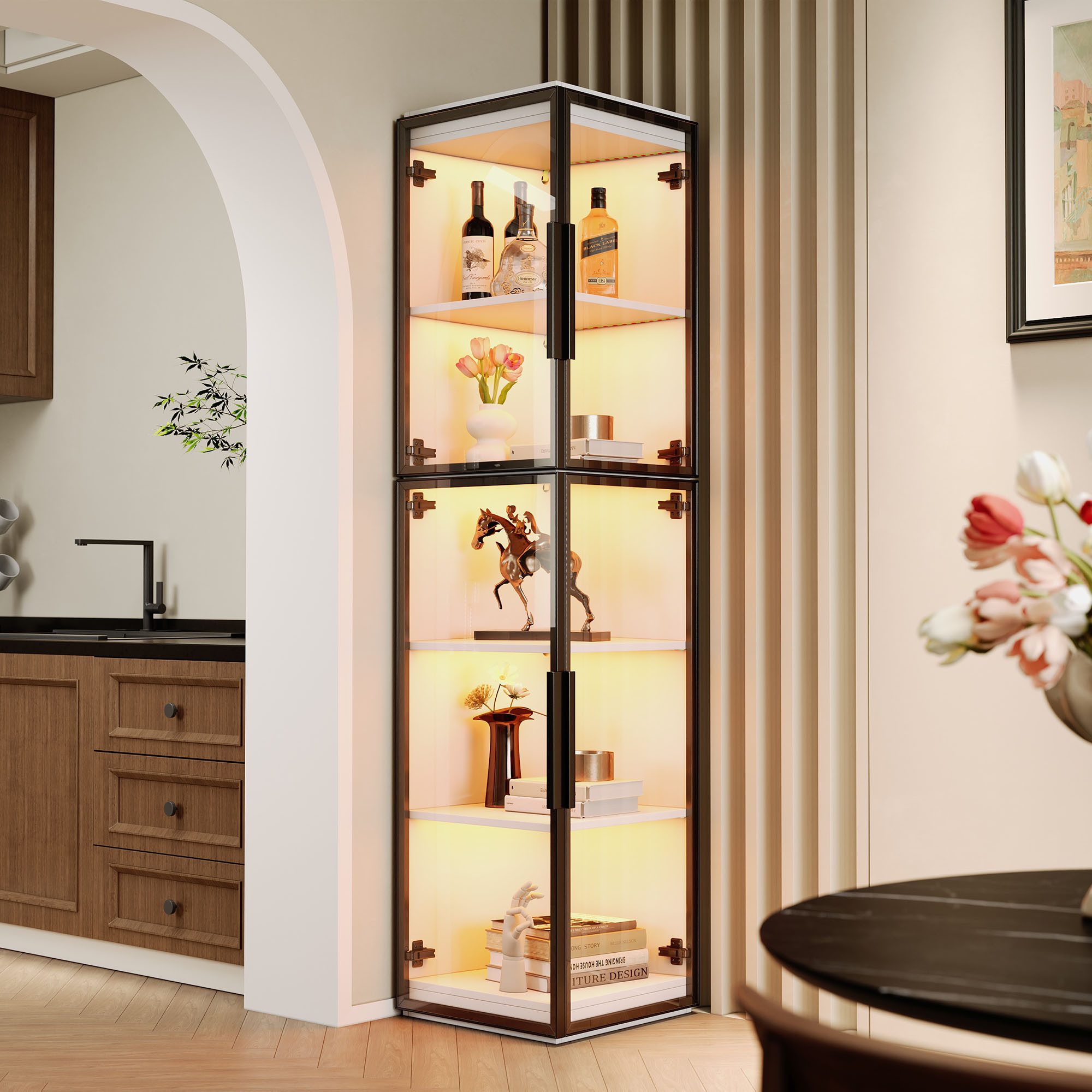 Flieks Eckvitrine Eckschrank Hochschrank mit LED-Beleuchtung und 4 Acryltüren, 5 Ebenen (1-St., 40x40x170 cm) Standvitrine Vitrinenschrank Mehrzweckschrank mit 5 Fächern Weiß